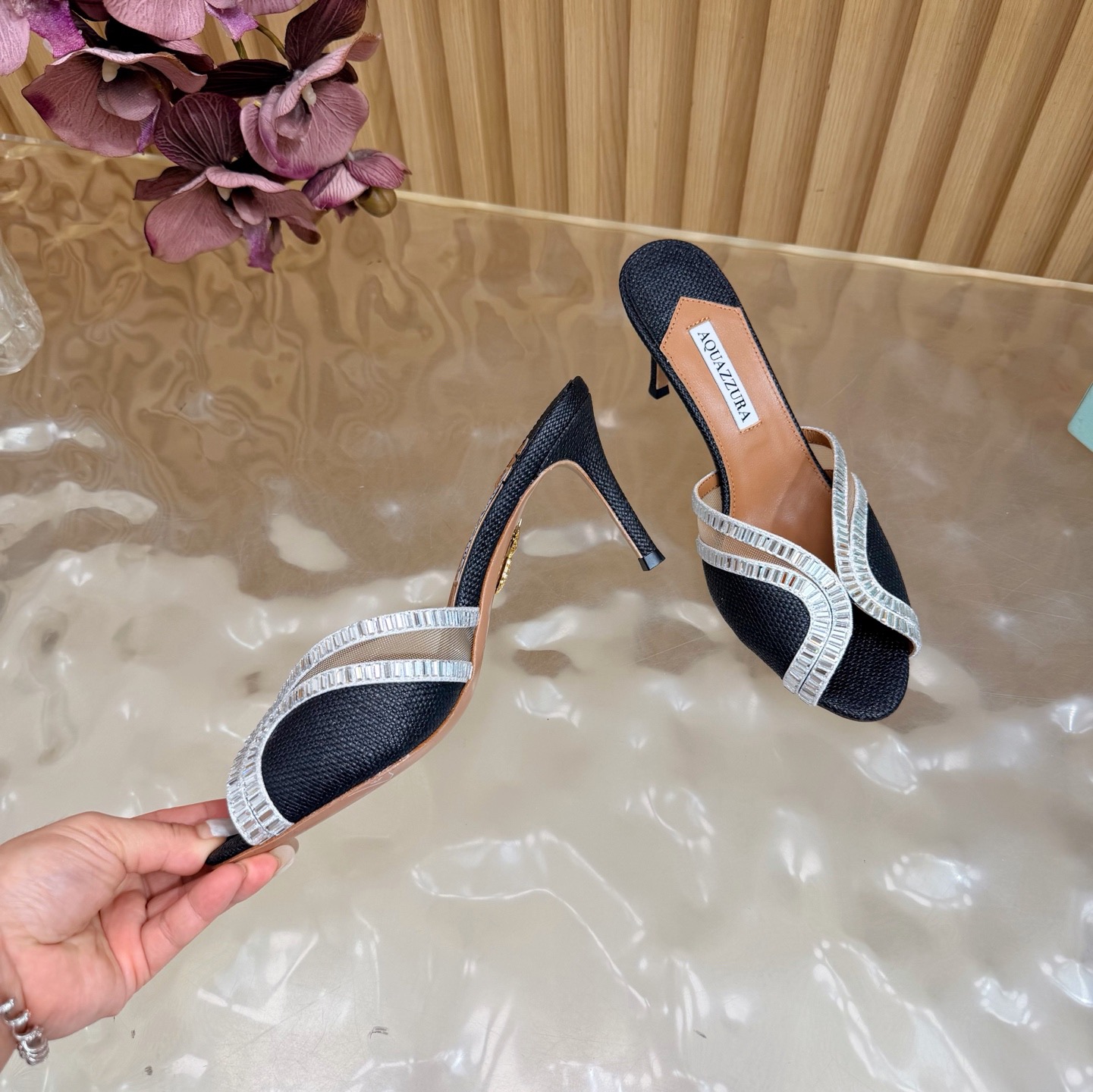 Aquazzura Crystal Trim Raffia Heel Mules