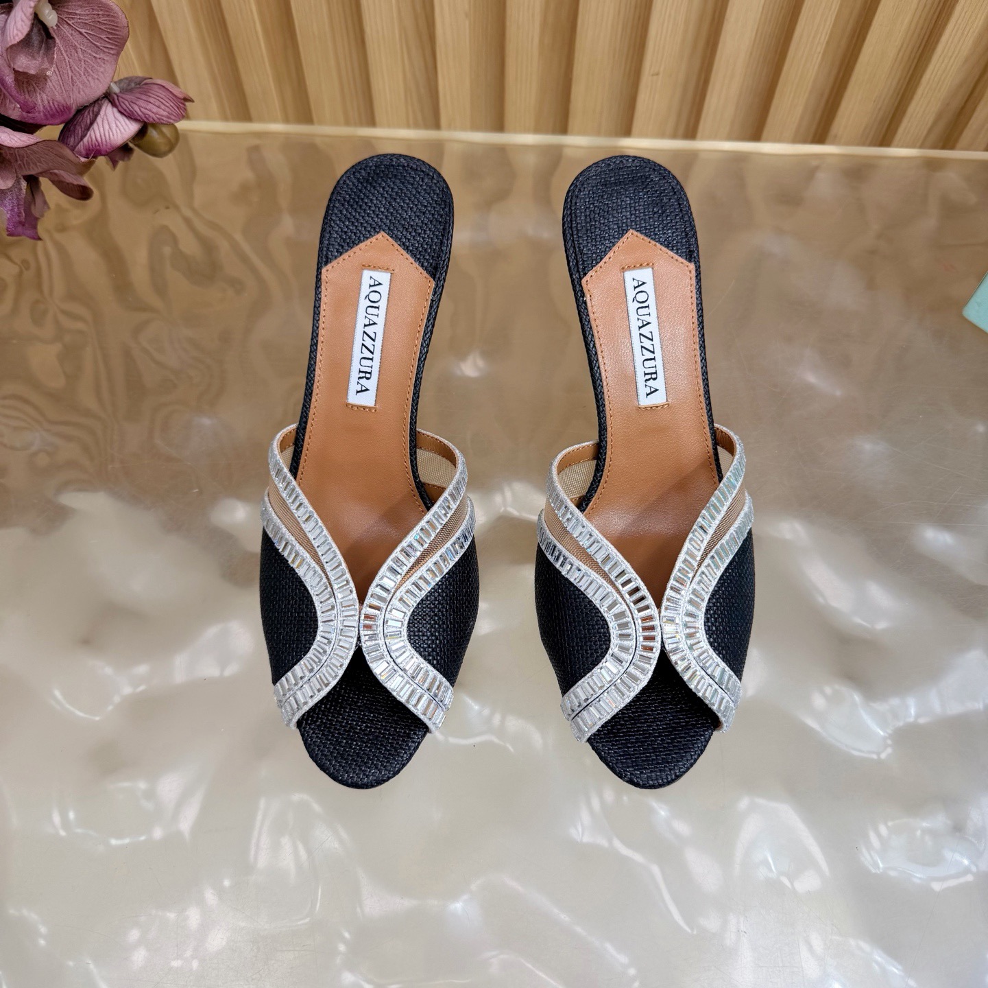 Aquazzura Crystal Trim Raffia Heel Mules