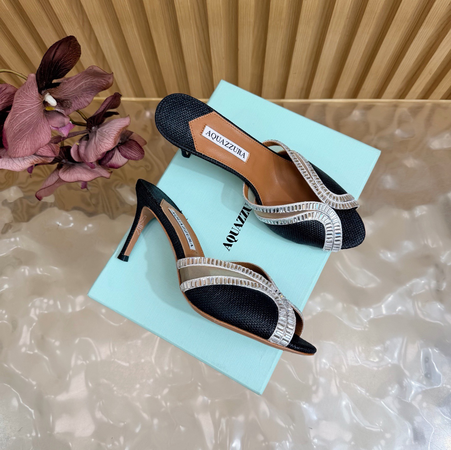 Aquazzura Crystal Trim Raffia Heel Mules