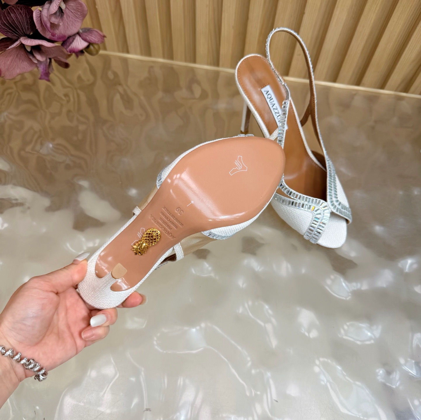 Aquazzura Crystal Raffia Slingback Heels