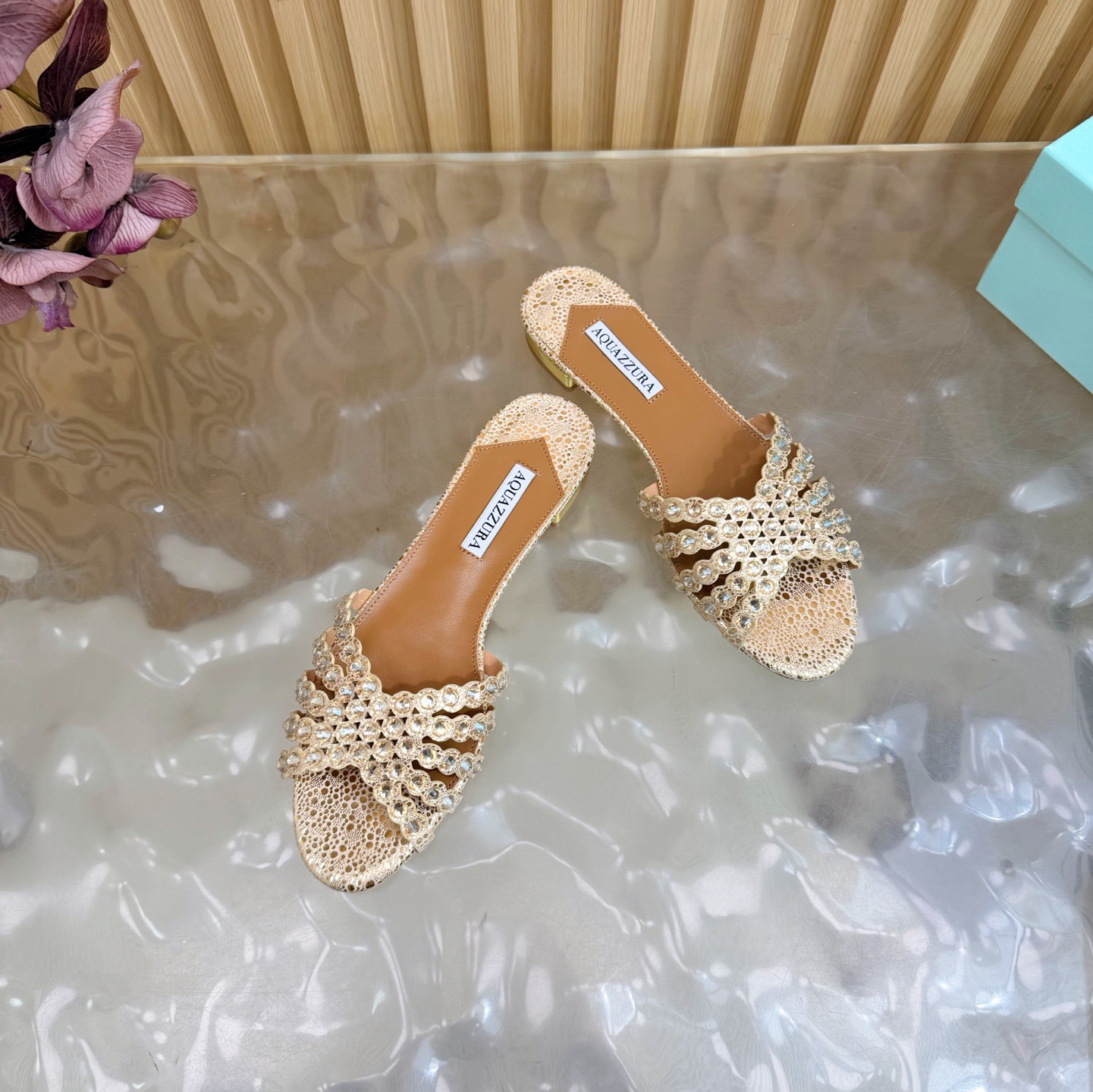 Aquazzura Rhinestone Woven Flat Slides
