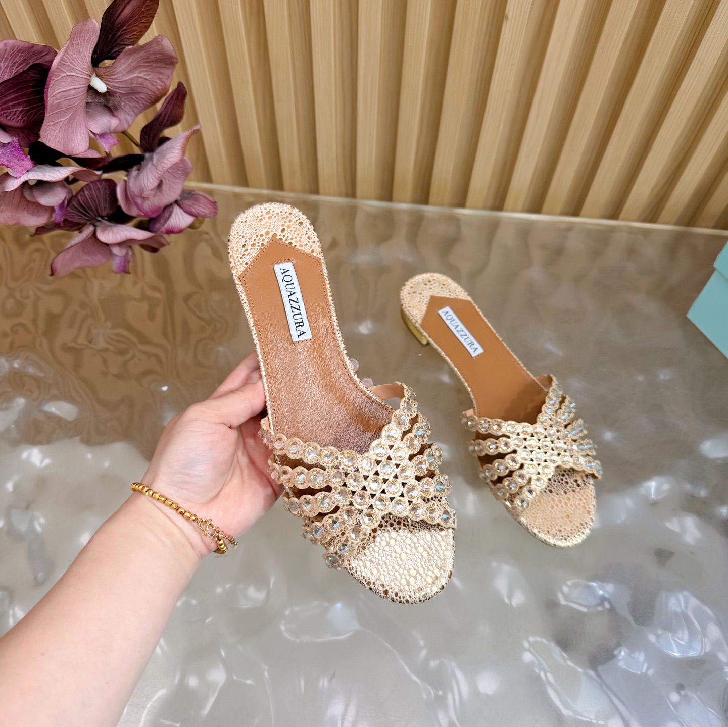 Aquazzura Rhinestone Woven Flat Slides