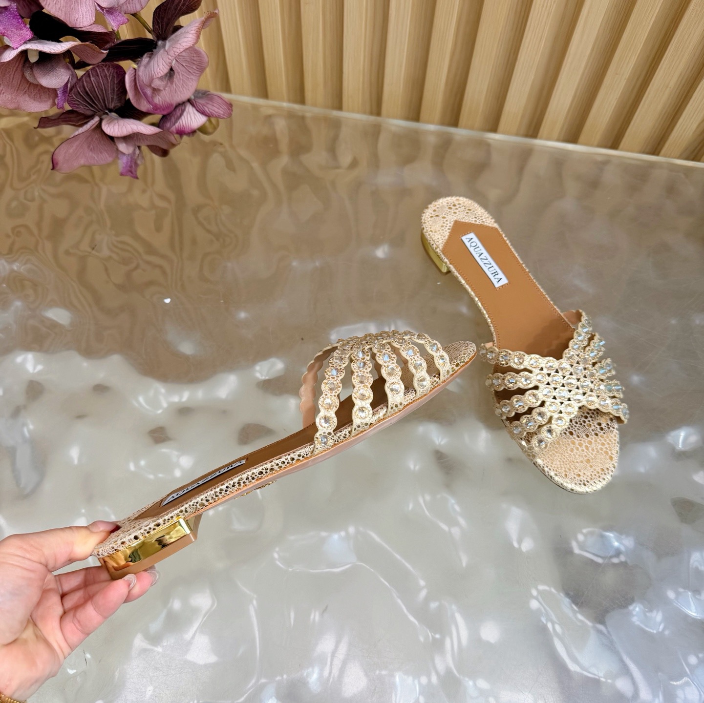Aquazzura Rhinestone Woven Flat Slides