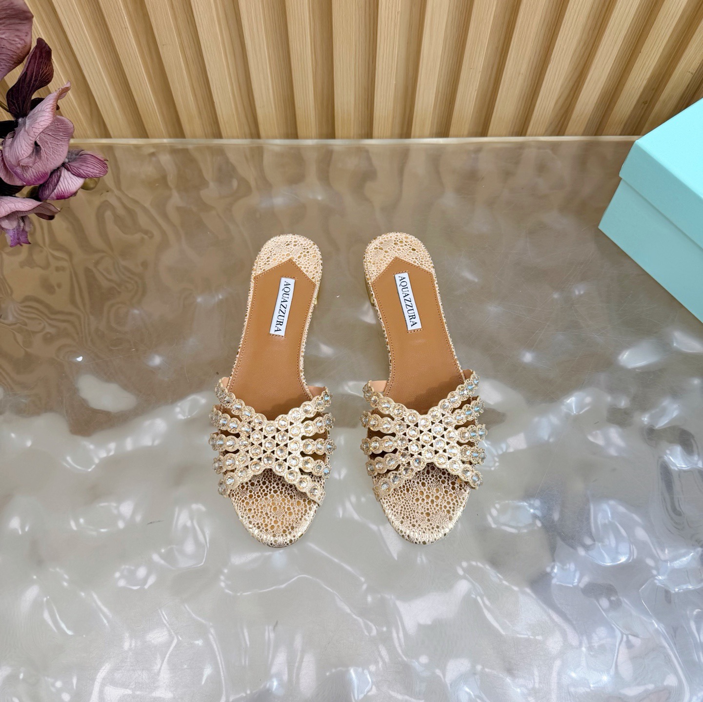 Aquazzura Rhinestone Woven Flat Slides