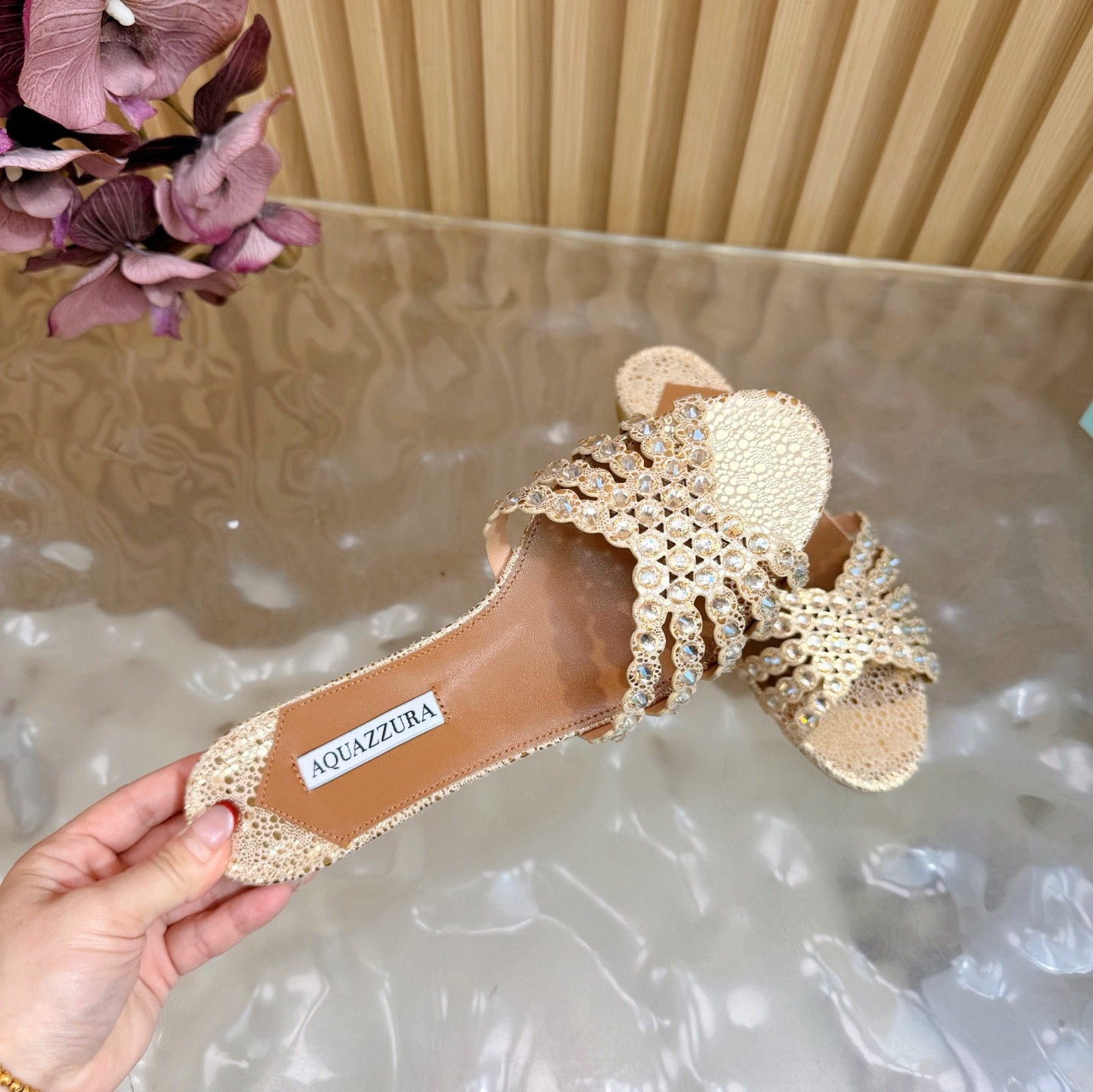 Aquazzura Rhinestone Woven Flat Slides