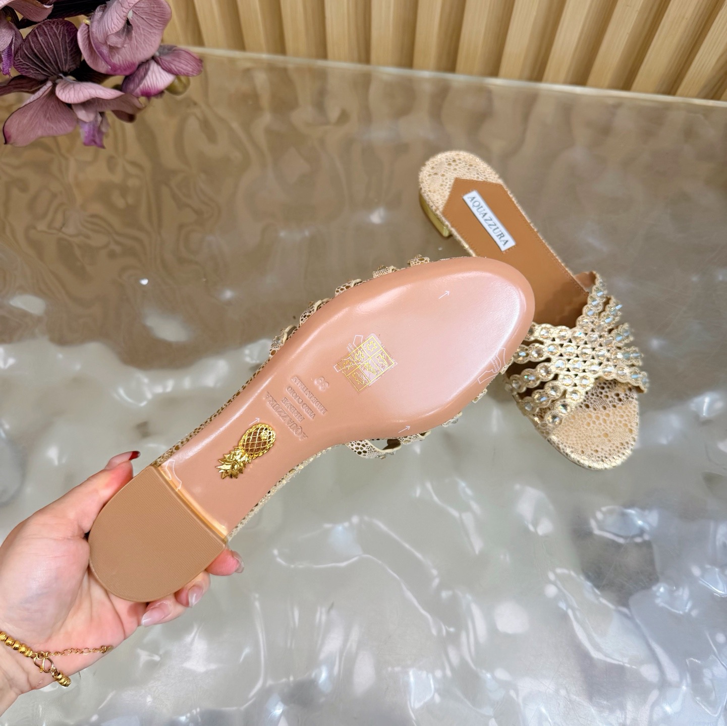 Aquazzura Rhinestone Woven Flat Slides