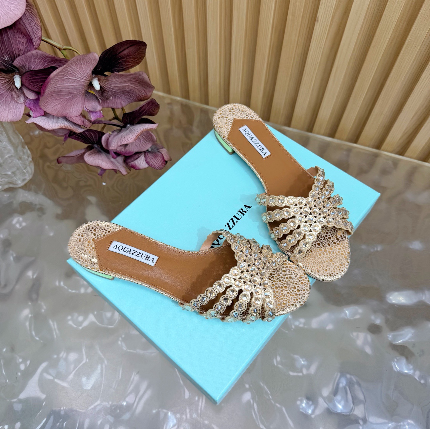 Aquazzura Rhinestone Woven Flat Slides