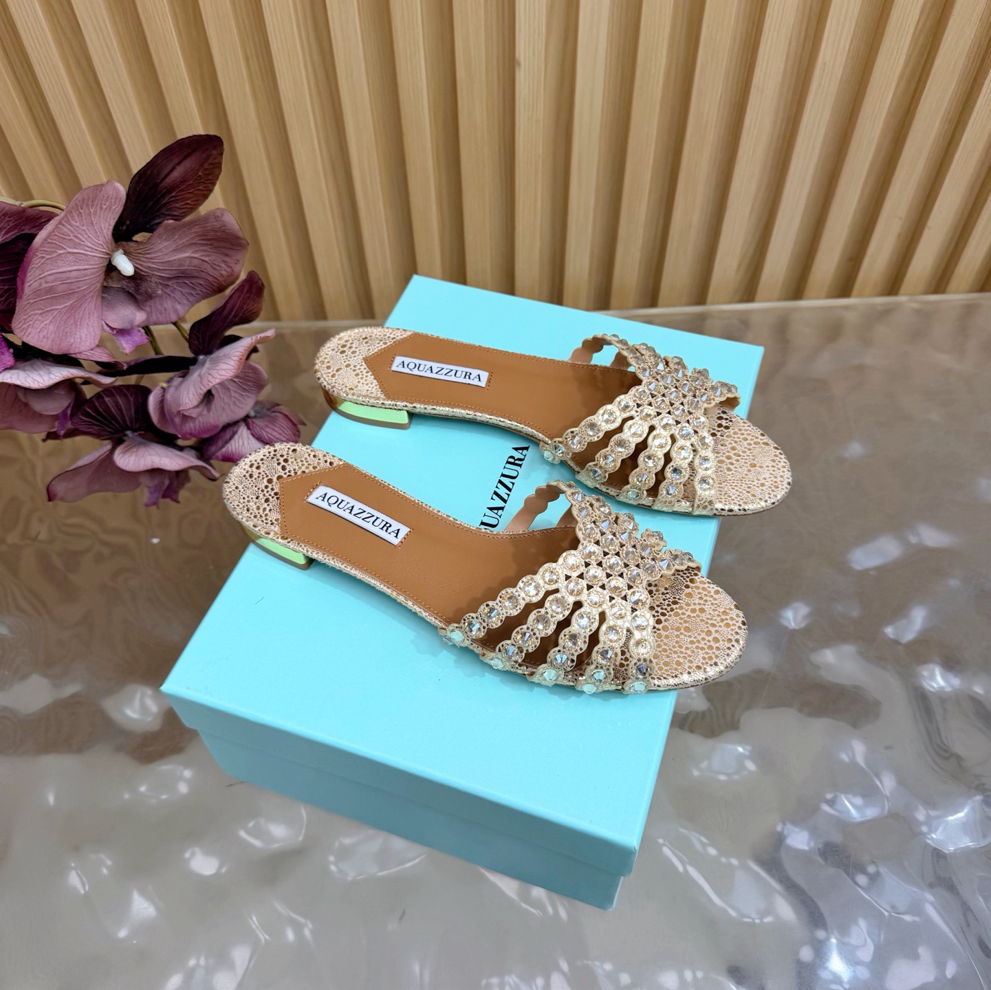 Aquazzura Rhinestone Woven Flat Slides