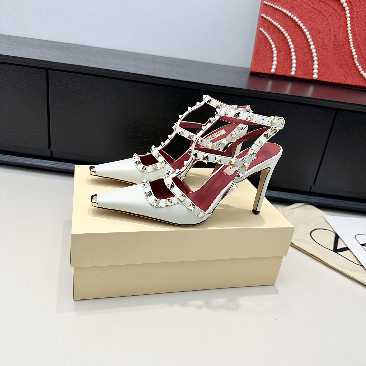 Valentino Rockstud White Satin Heels