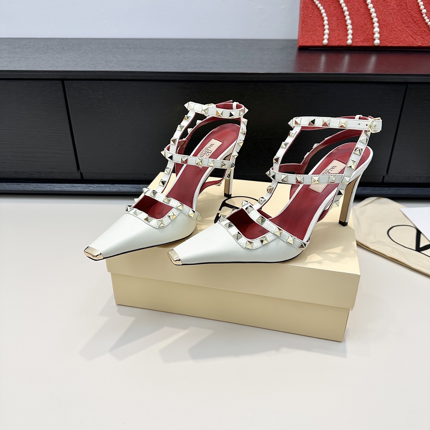 Valentino Rockstud White Satin Heels