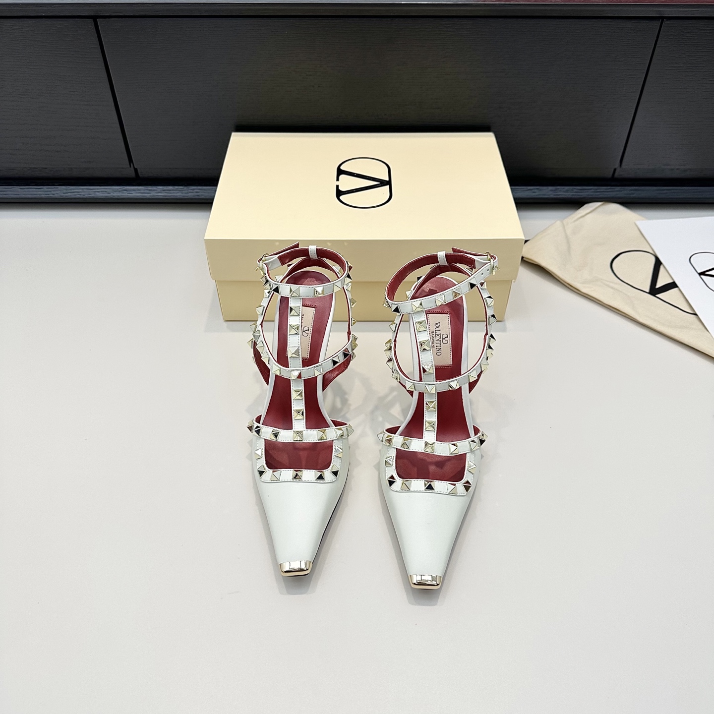 Valentino Rockstud White Satin Heels