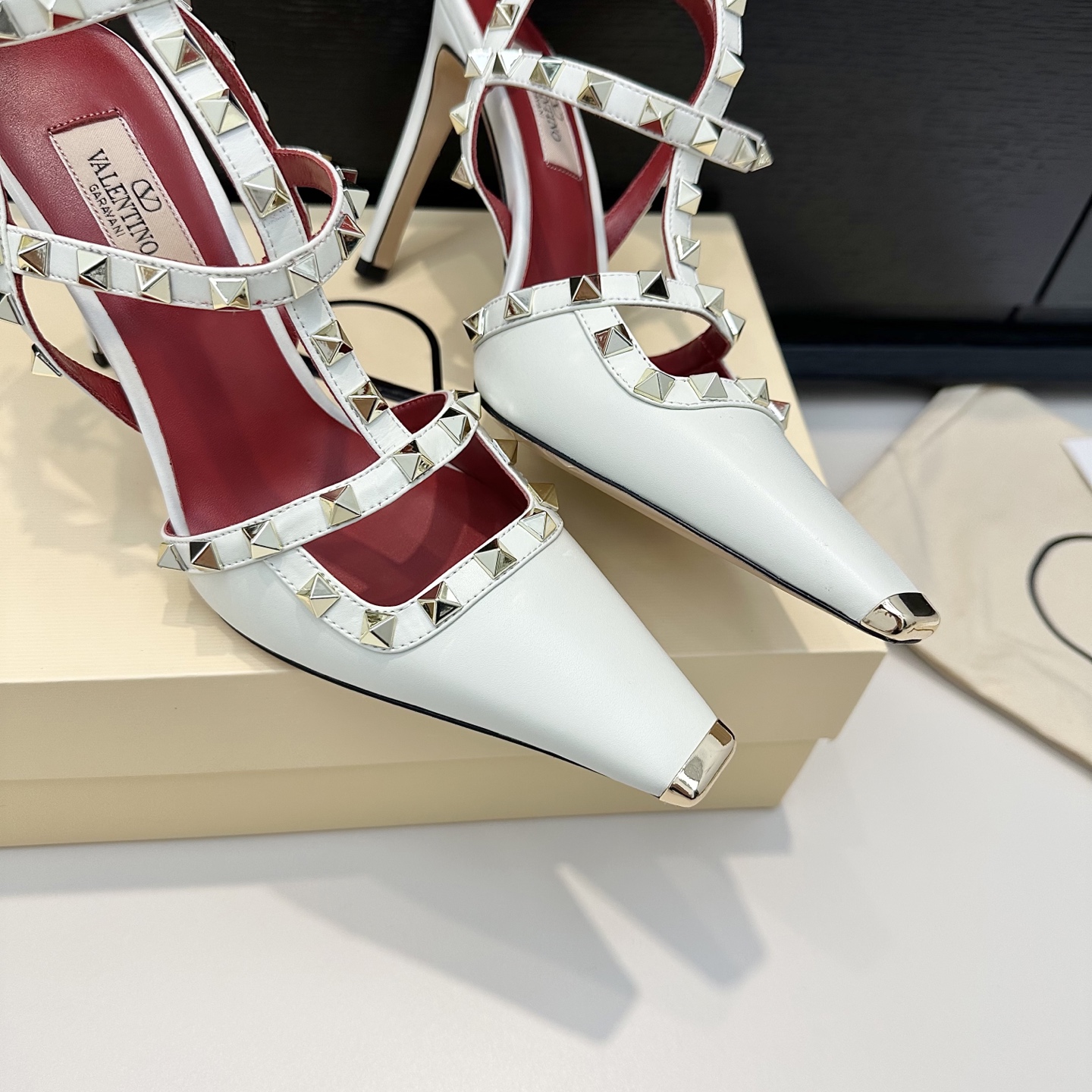 Valentino Rockstud White Satin Heels