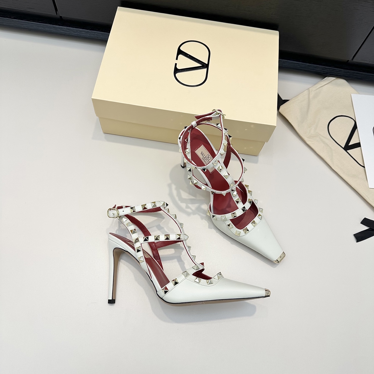 Valentino Rockstud White Satin Heels