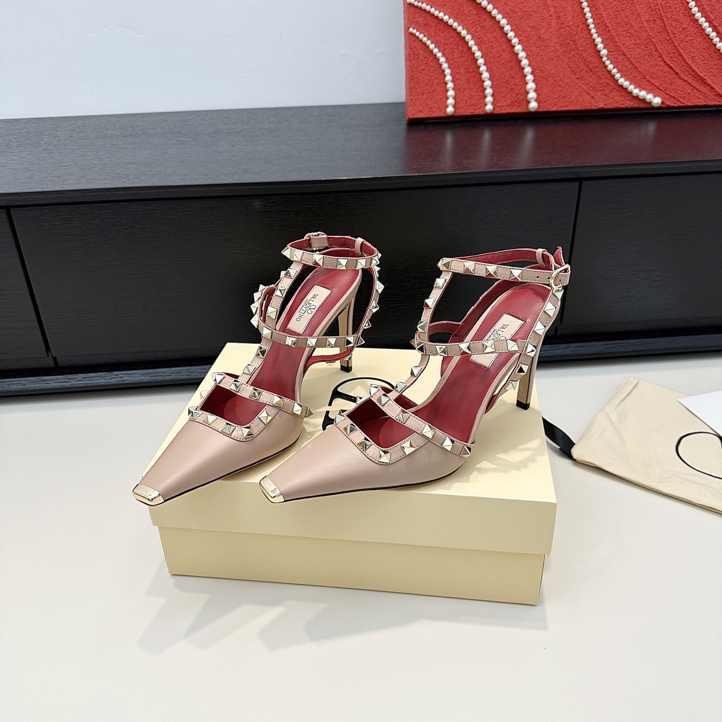 Valentino Rockstud Nude Satin Heels