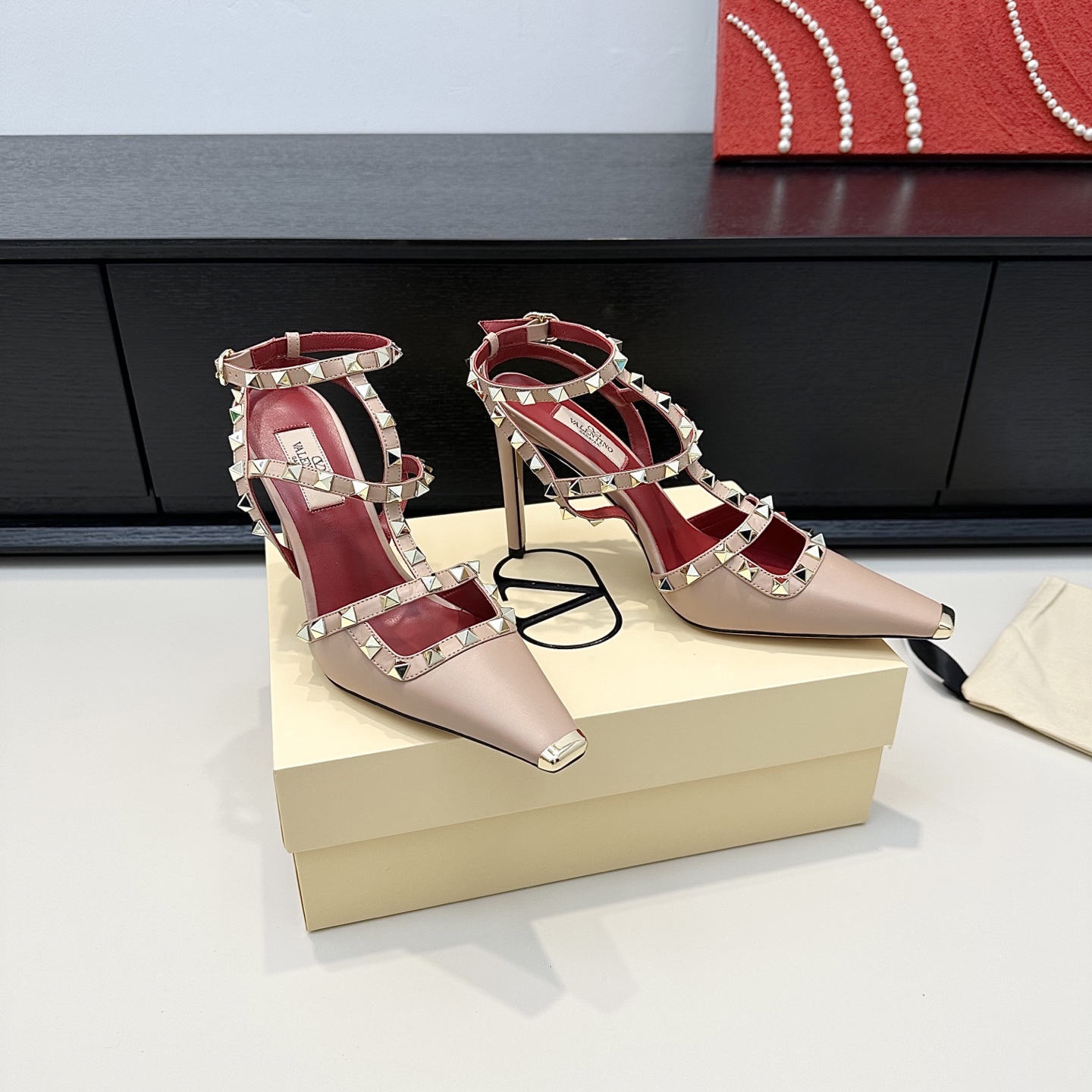 Valentino Rockstud Nude Satin Heels