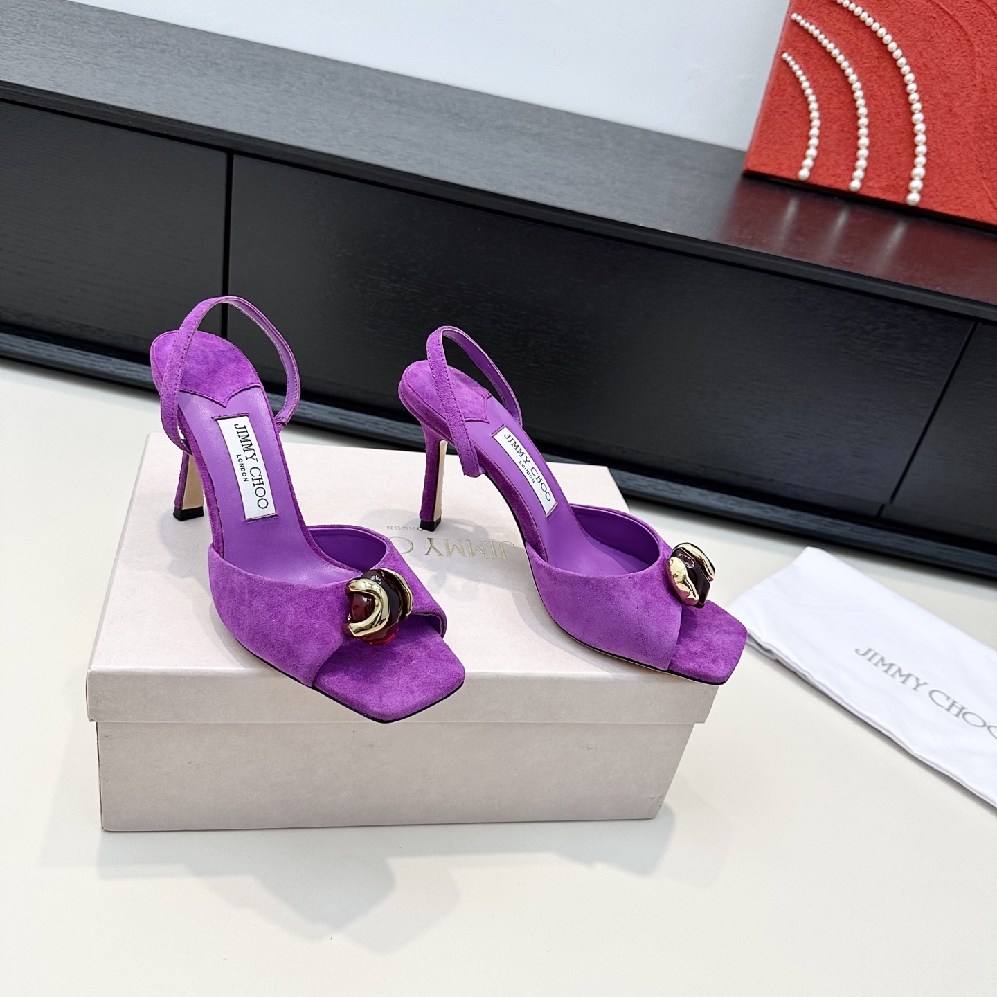 Suede Ruby Stone Square Toe Slingback Sandals