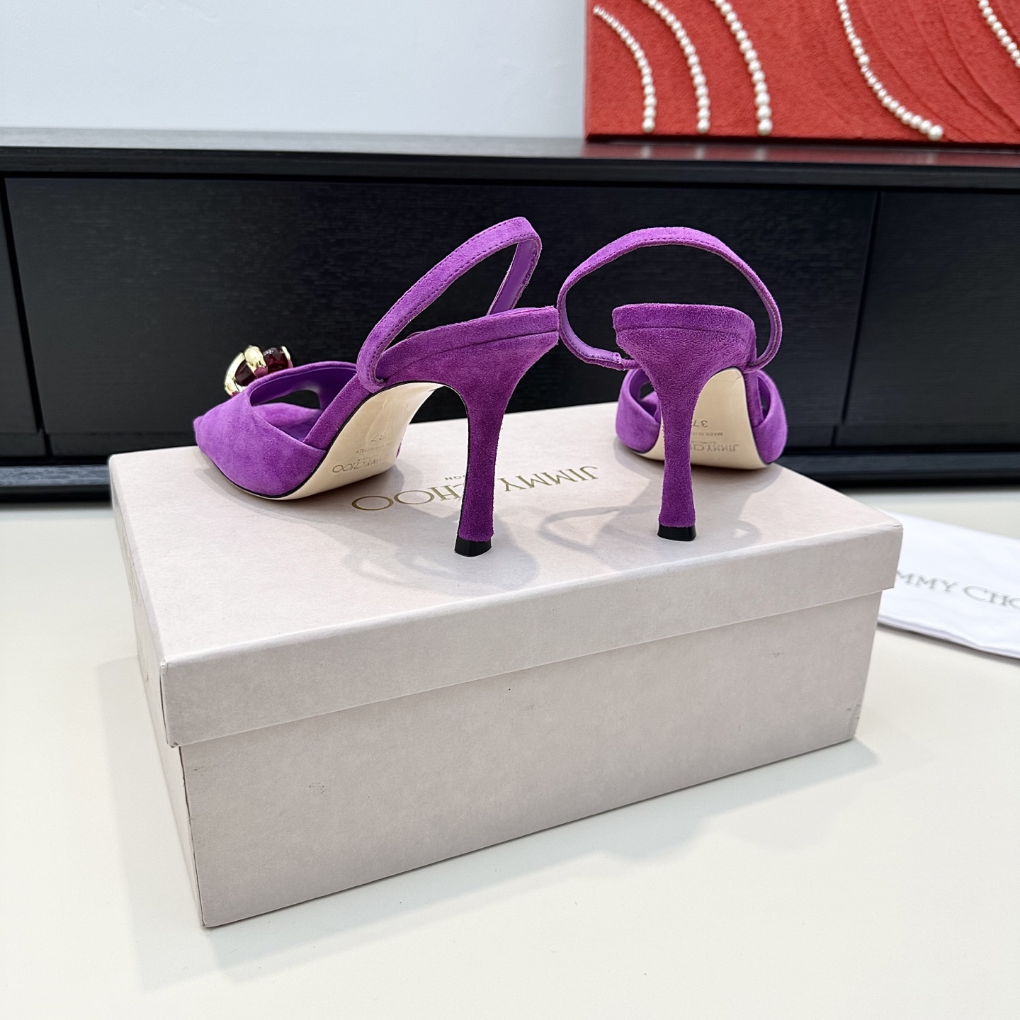 Suede Ruby Stone Square Toe Slingback Sandals
