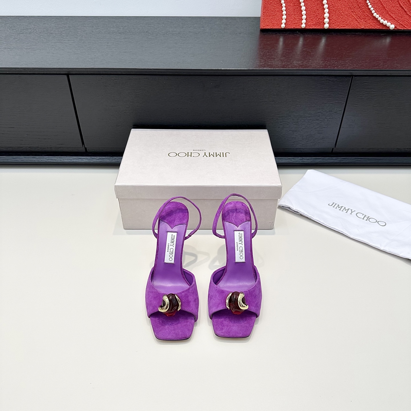 Suede Ruby Stone Square Toe Slingback Sandals