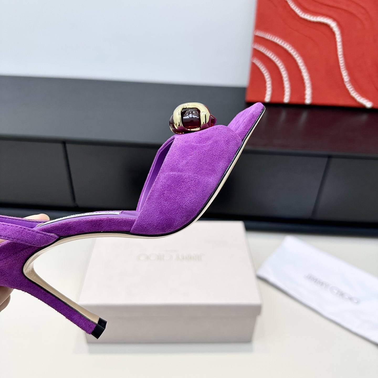 Suede Ruby Stone Square Toe Slingback Sandals