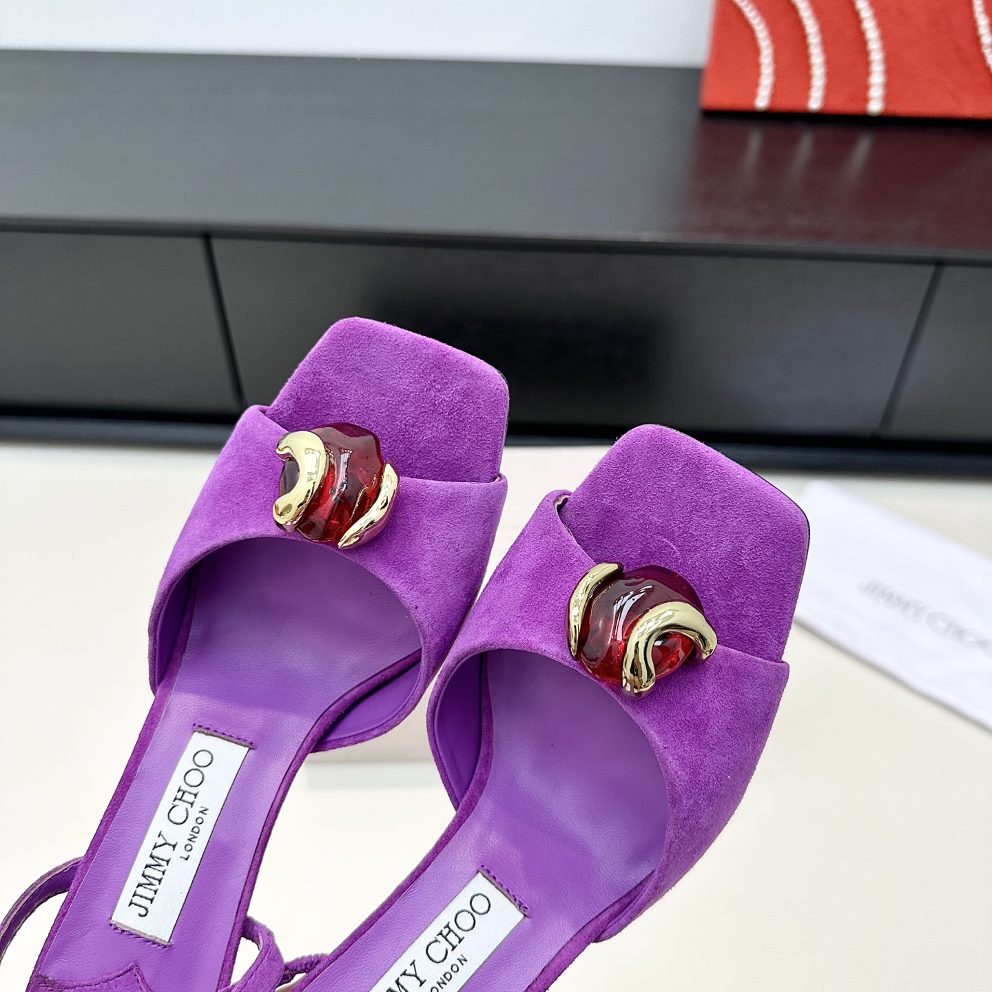 Suede Ruby Stone Square Toe Slingback Sandals