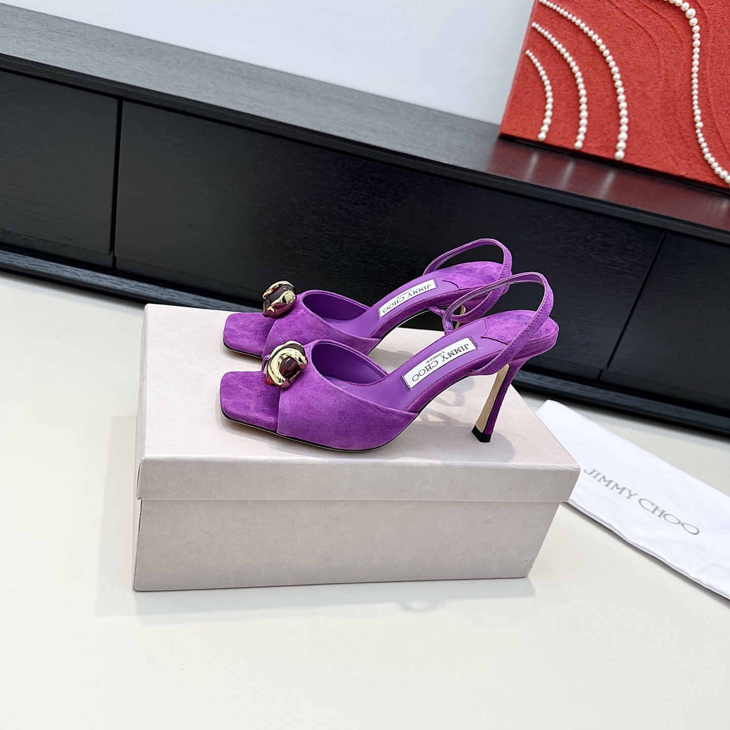Suede Ruby Stone Square Toe Slingback Sandals