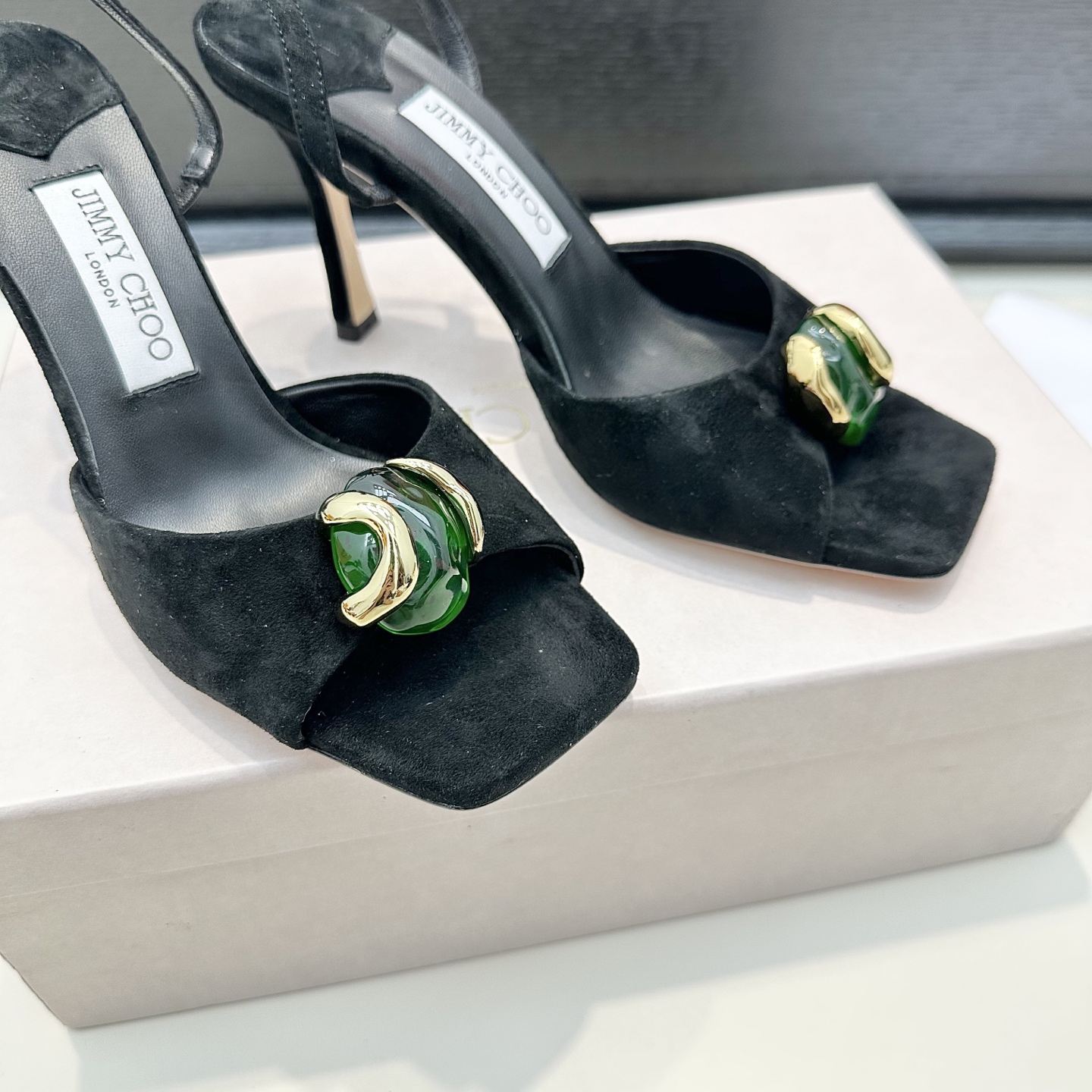  Suede Emerald Stone Detail Slingback Sandals