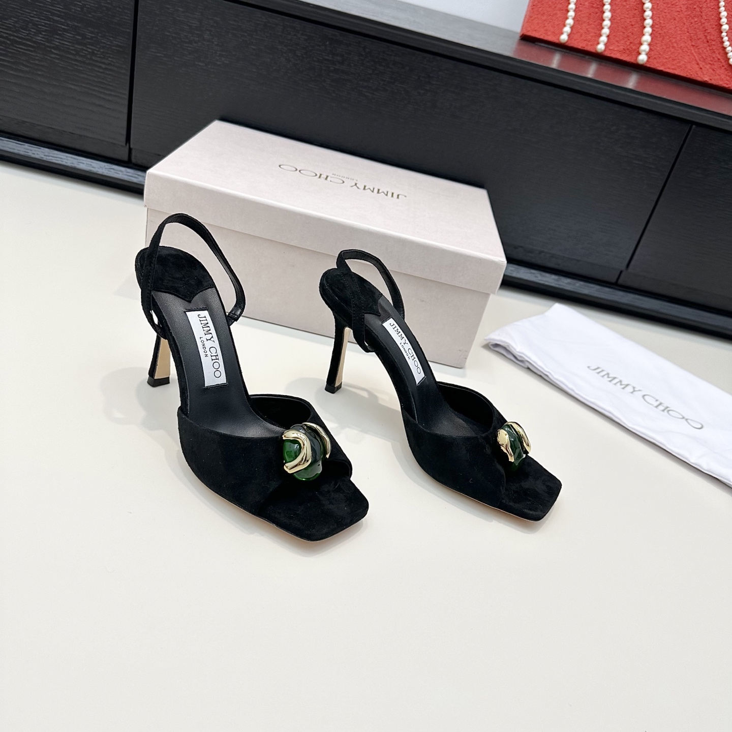  Suede Emerald Stone Detail Slingback Sandals