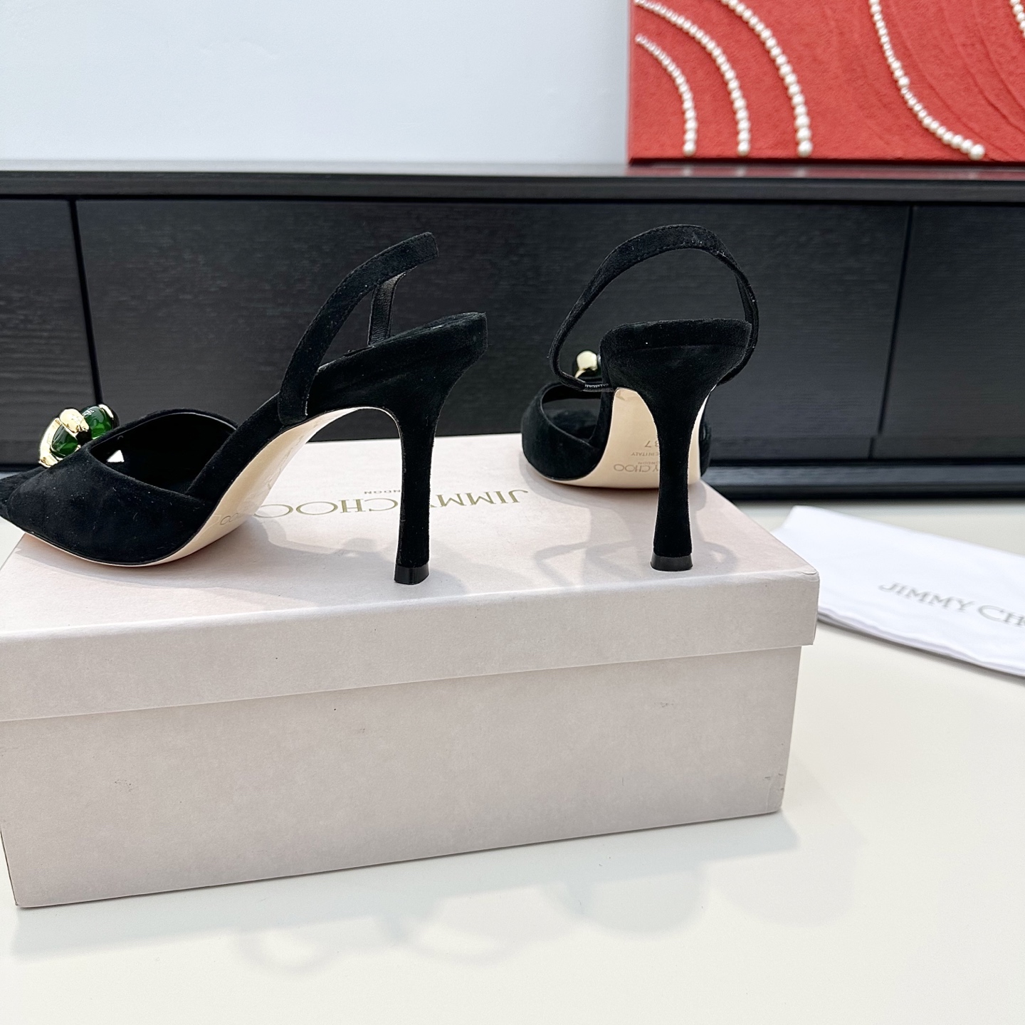 Suede Emerald Stone Detail Slingback Sandals