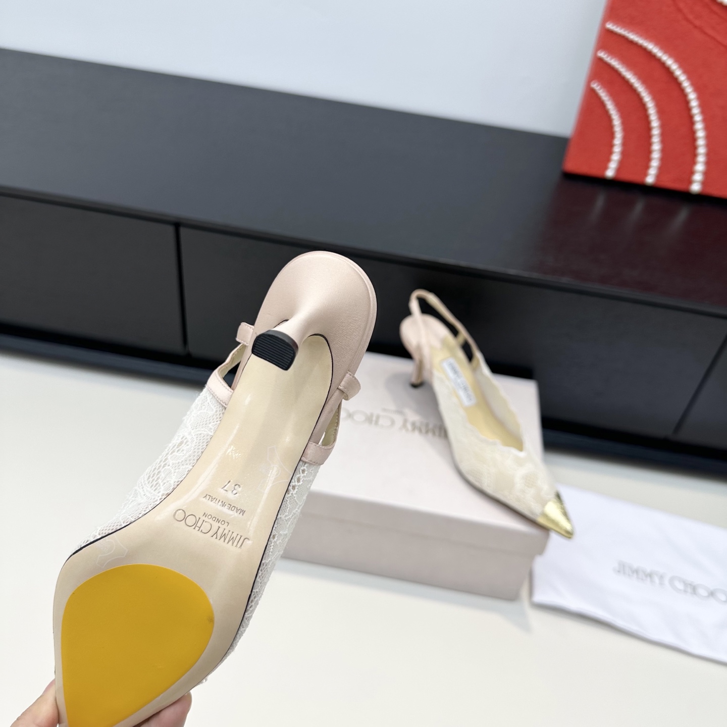 Jimmy Choo Lace Gold Tip Slingback Pumps
