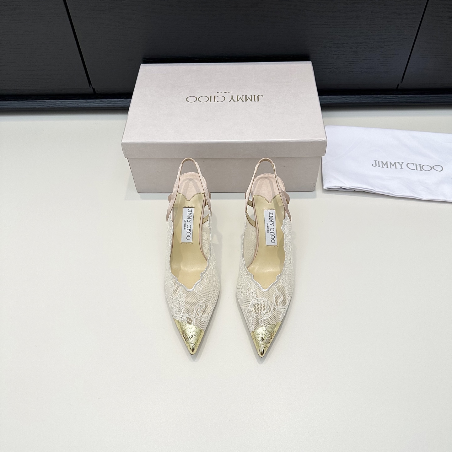 Jimmy Choo Lace Gold Tip Slingback Pumps