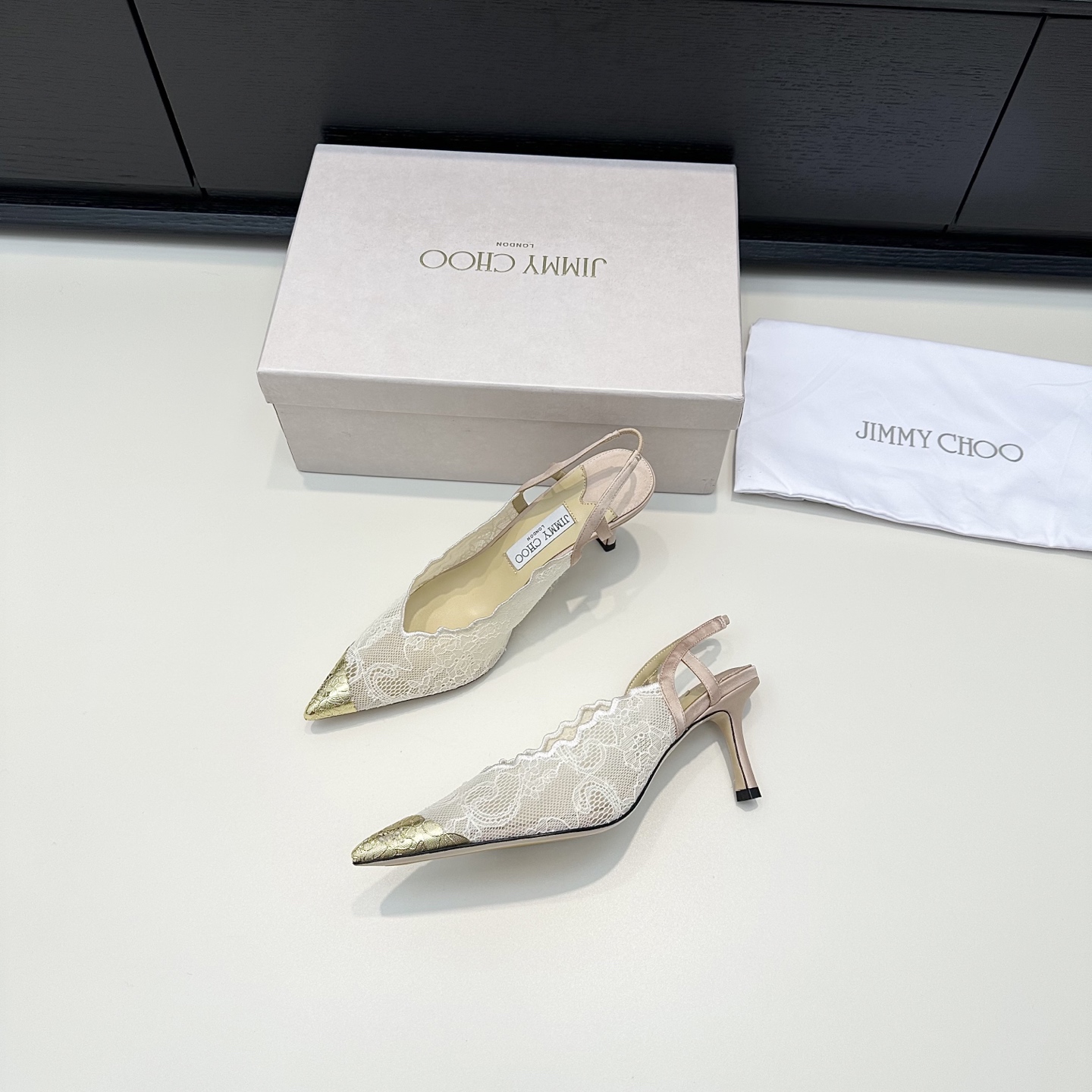 Jimmy Choo Lace Gold Tip Slingback Pumps