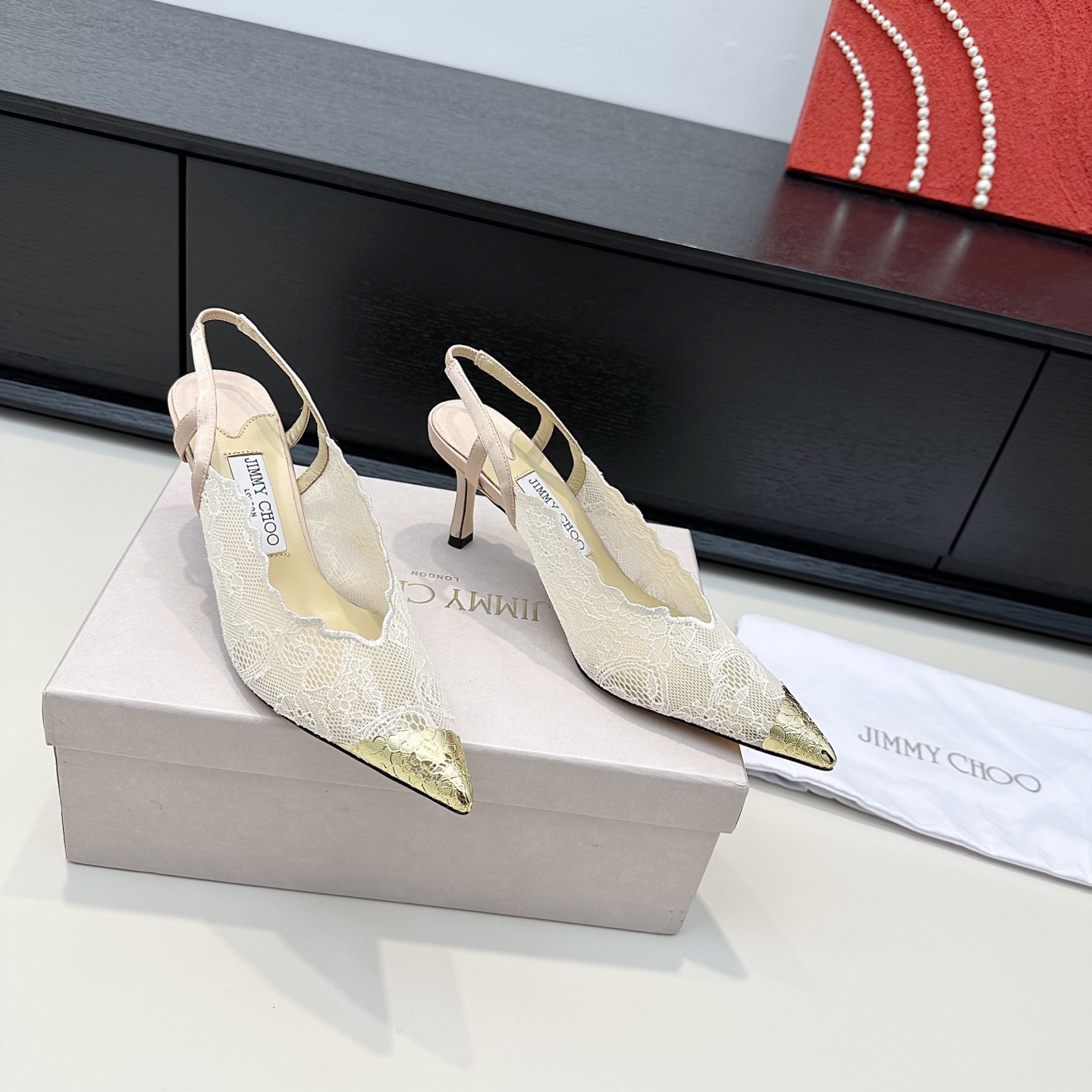 Jimmy Choo Lace Gold Tip Slingback Pumps
