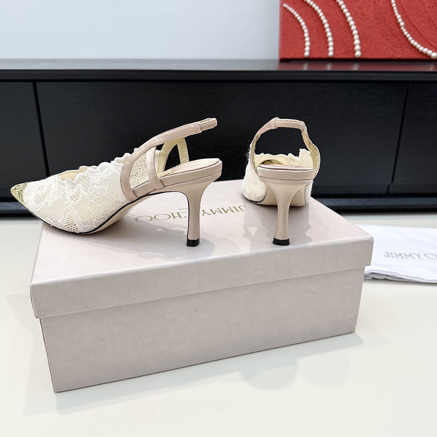 Jimmy Choo Lace Gold Tip Slingback Pumps