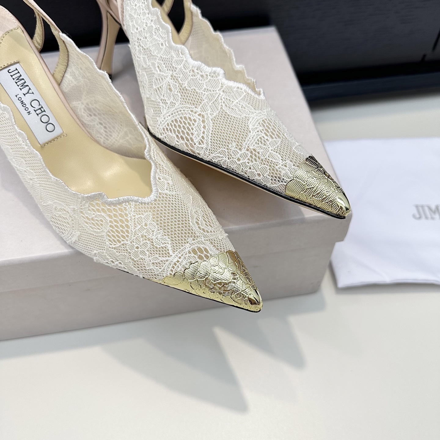 Jimmy Choo Lace Gold Tip Slingback Pumps