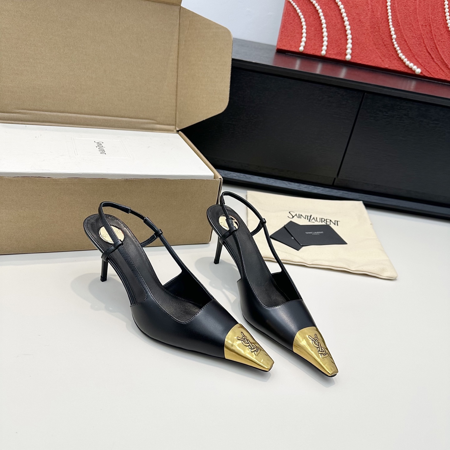 YSL Gold Cap Pointed Slingback Heels