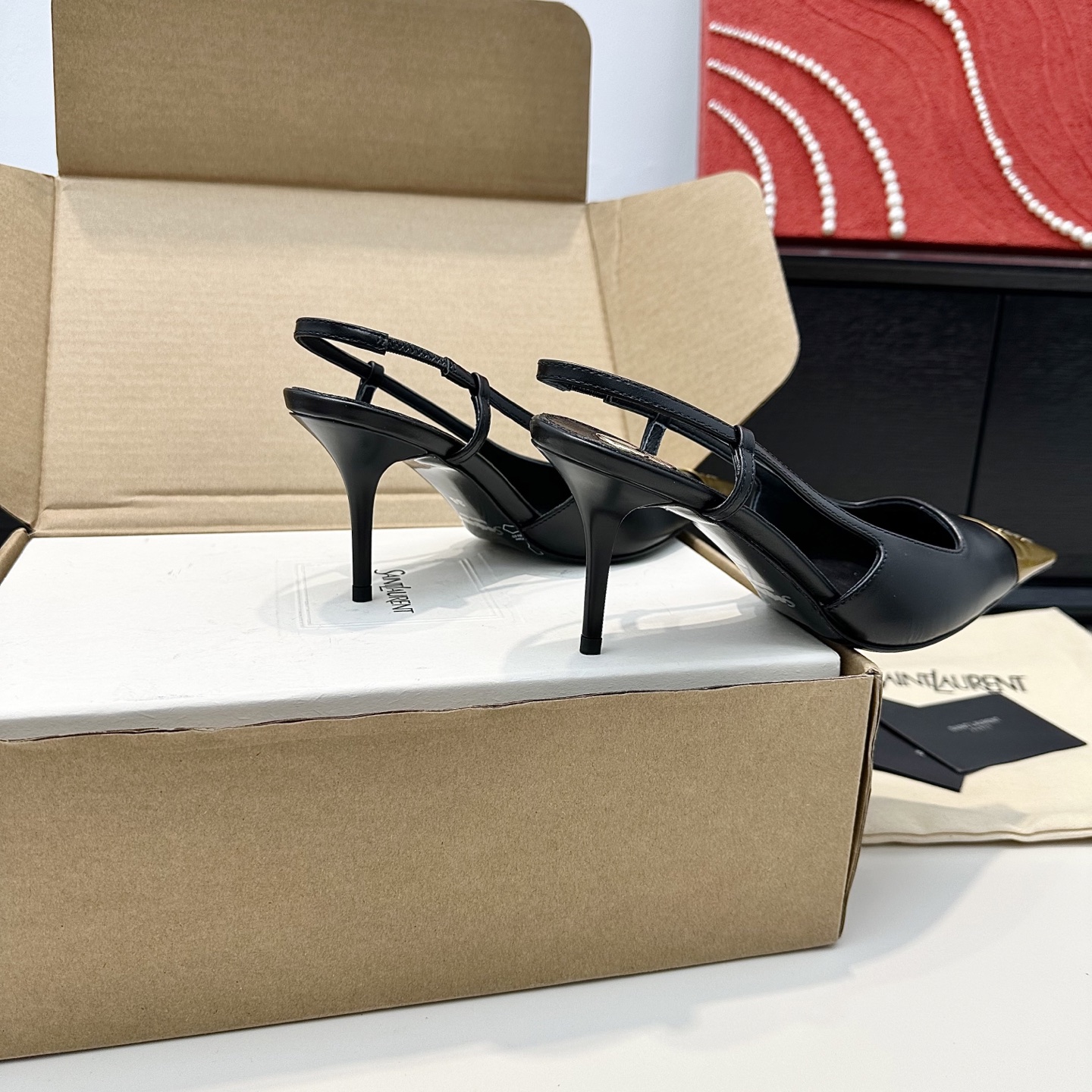 YSL Gold Cap Pointed Slingback Heels