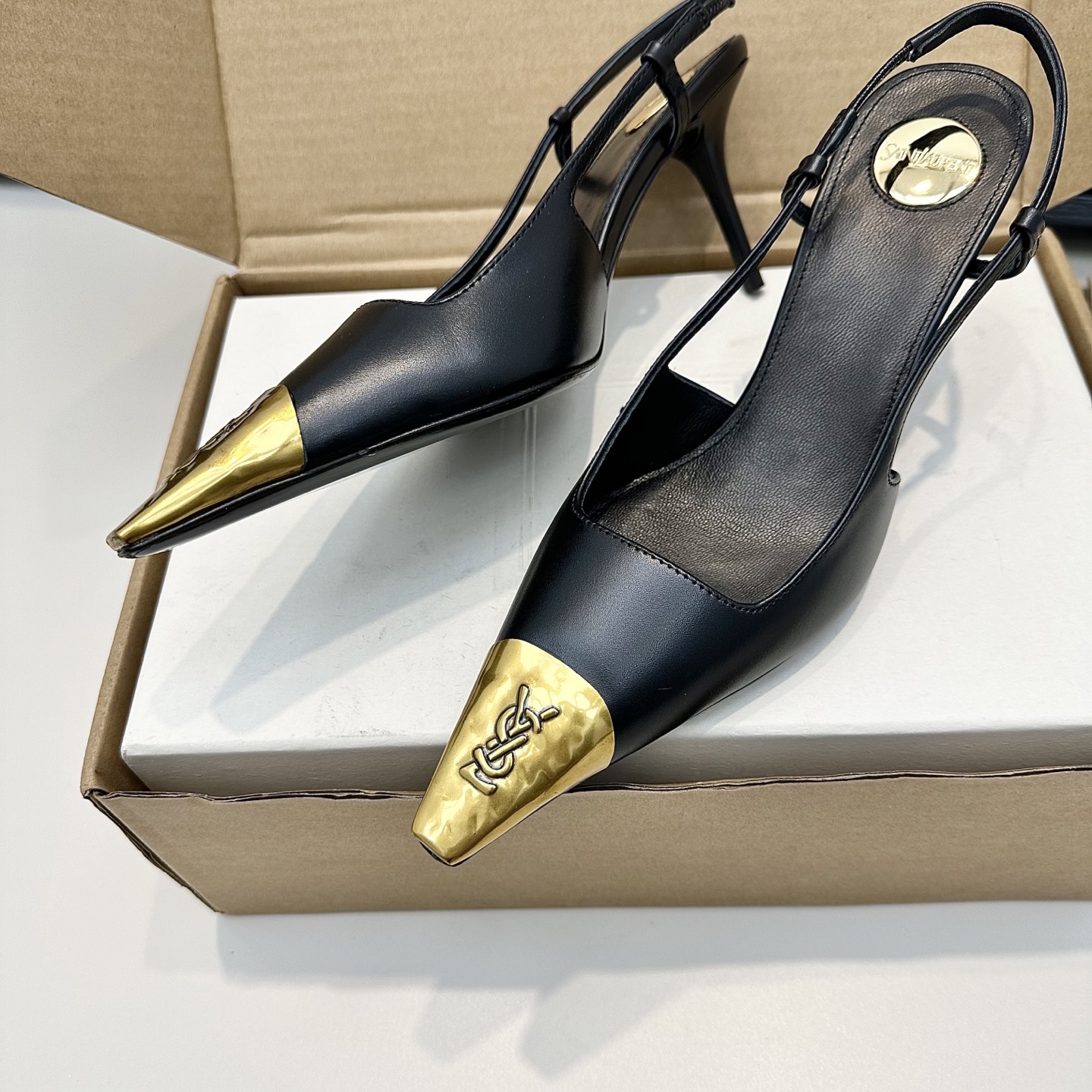 YSL Gold Cap Pointed Slingback Heels