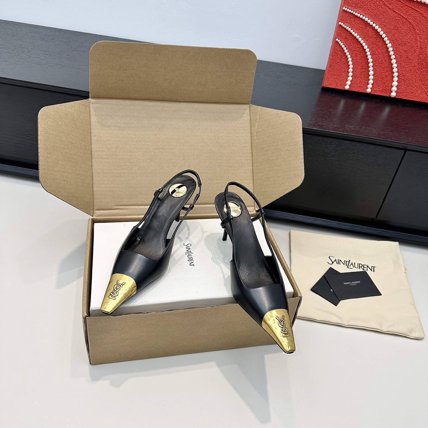 YSL Gold Cap Pointed Slingback Heels