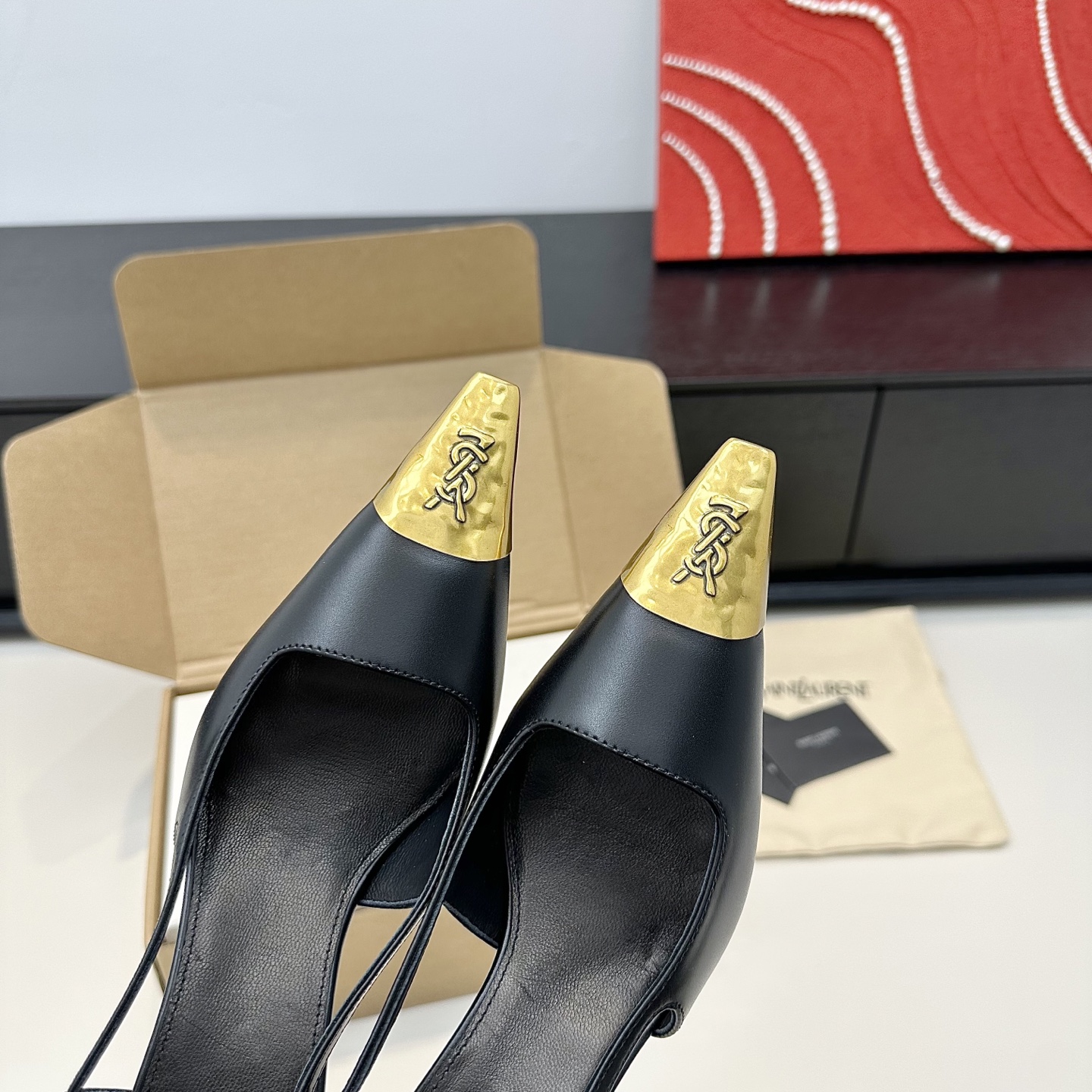 YSL Gold Cap Pointed Slingback Heels