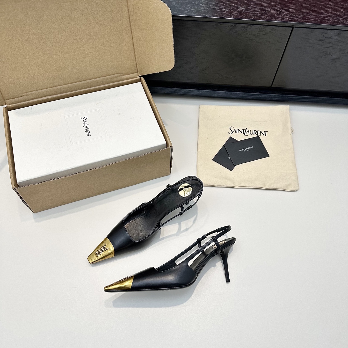 YSL Gold Cap Pointed Slingback Heels