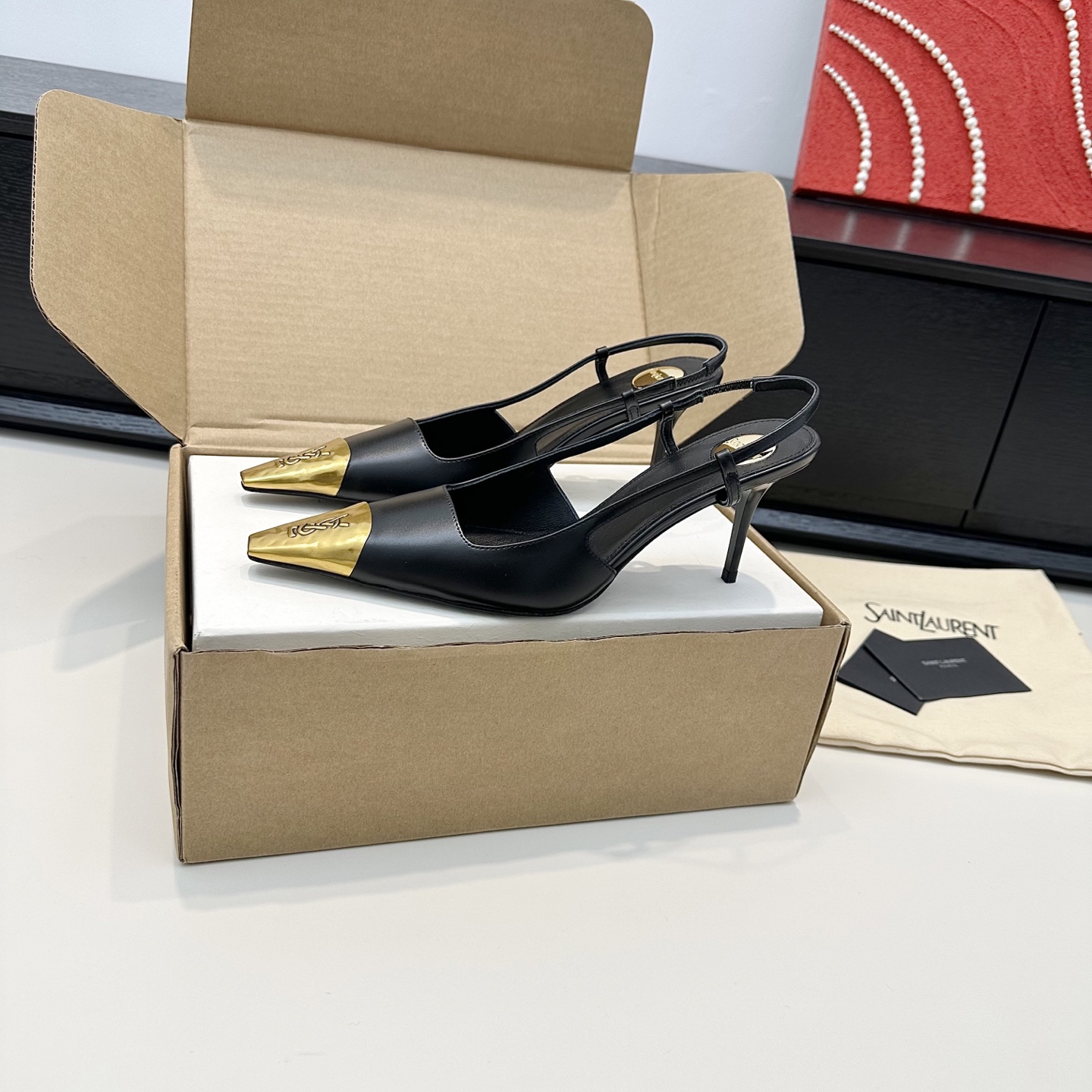 YSL Gold Cap Pointed Slingback Heels