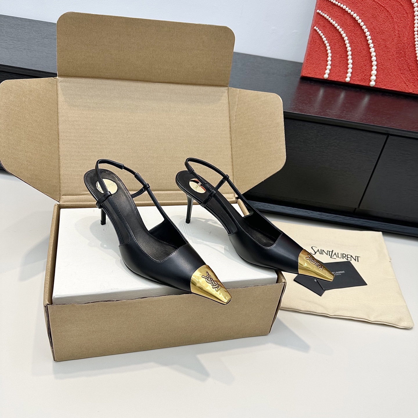 YSL Gold Cap Pointed Slingback Heels