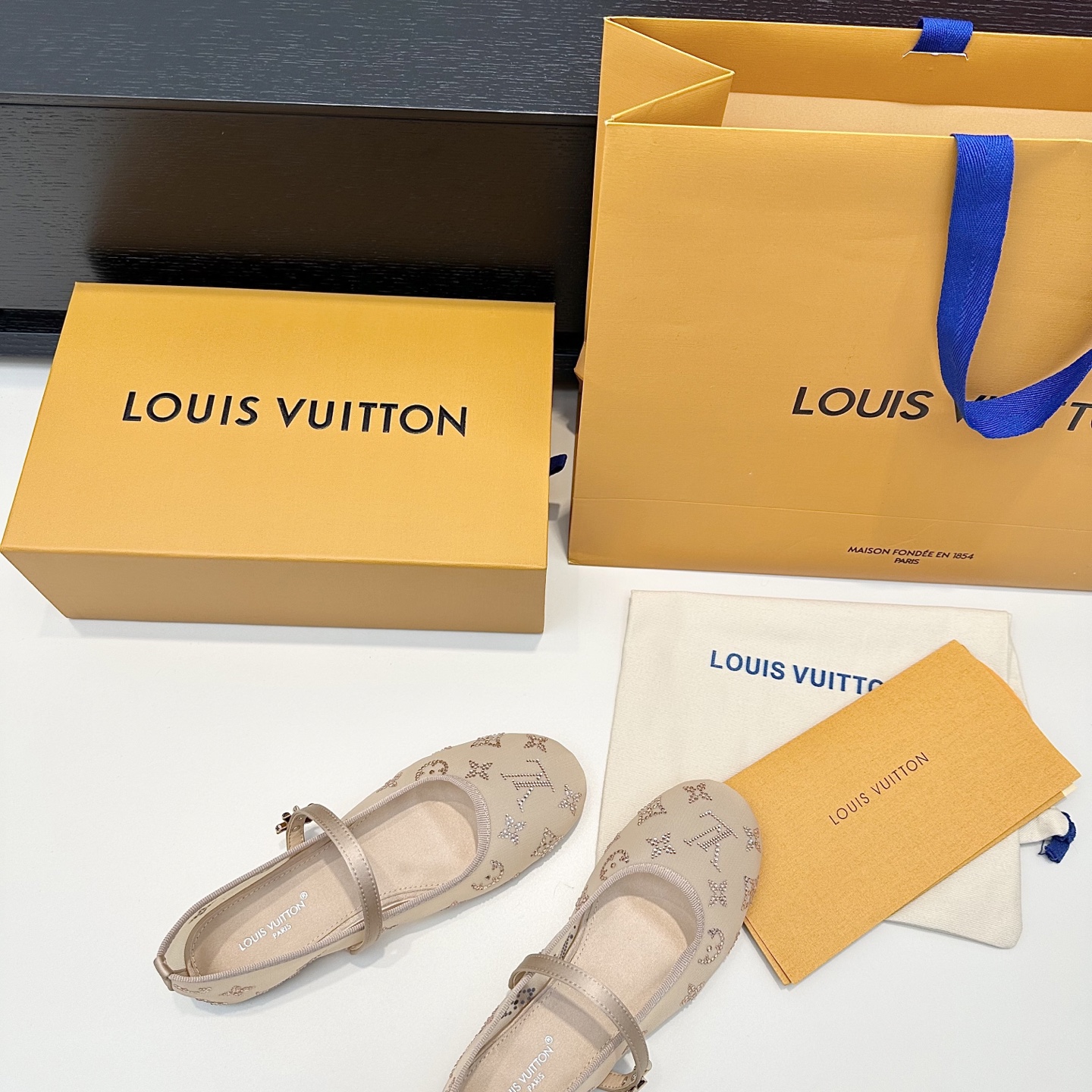 LV Beige Rhinestone Monogram Mary Jane Flats