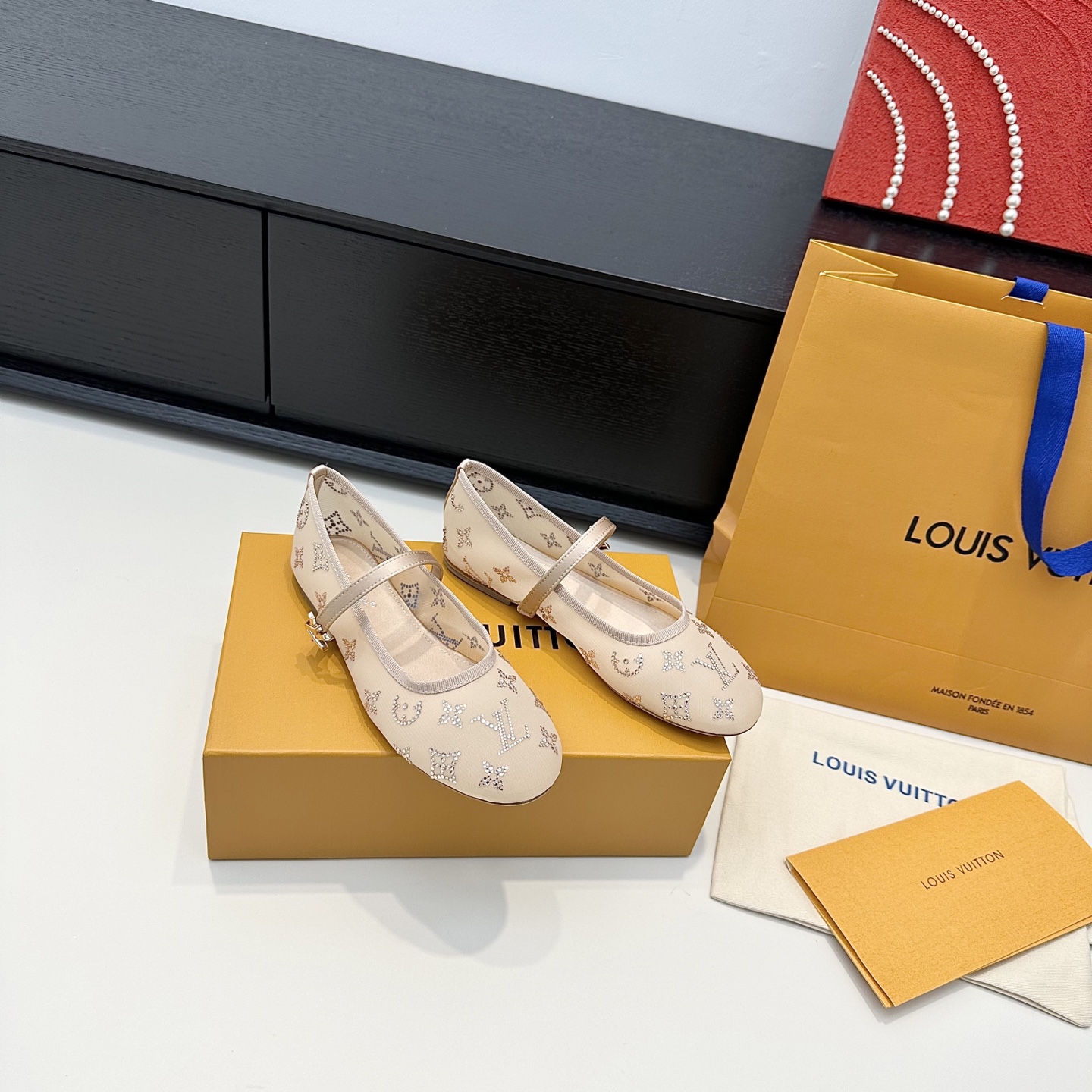 LV Beige Rhinestone Monogram Mary Jane Flats