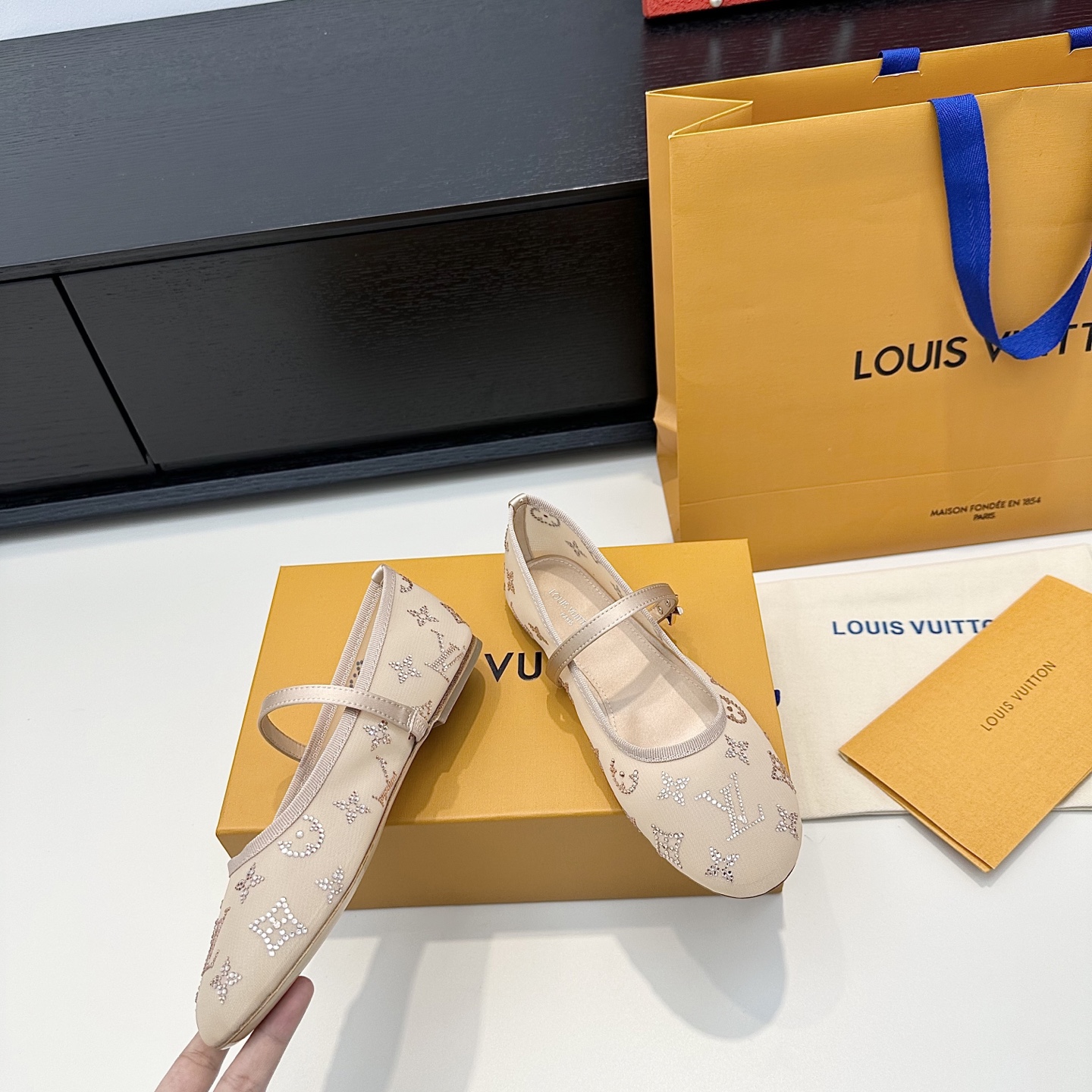 LV Beige Rhinestone Monogram Mary Jane Flats