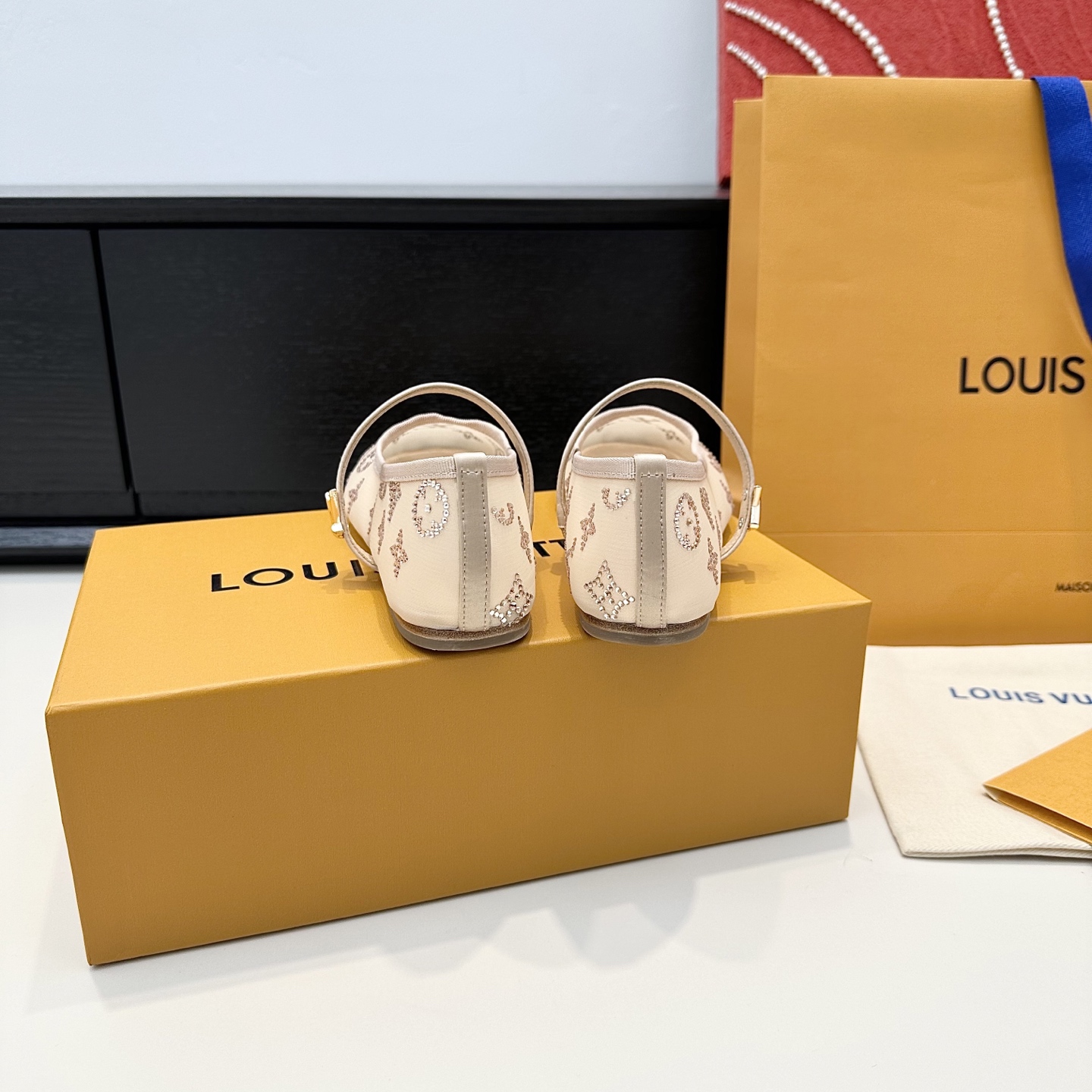 LV Beige Rhinestone Monogram Mary Jane Flats