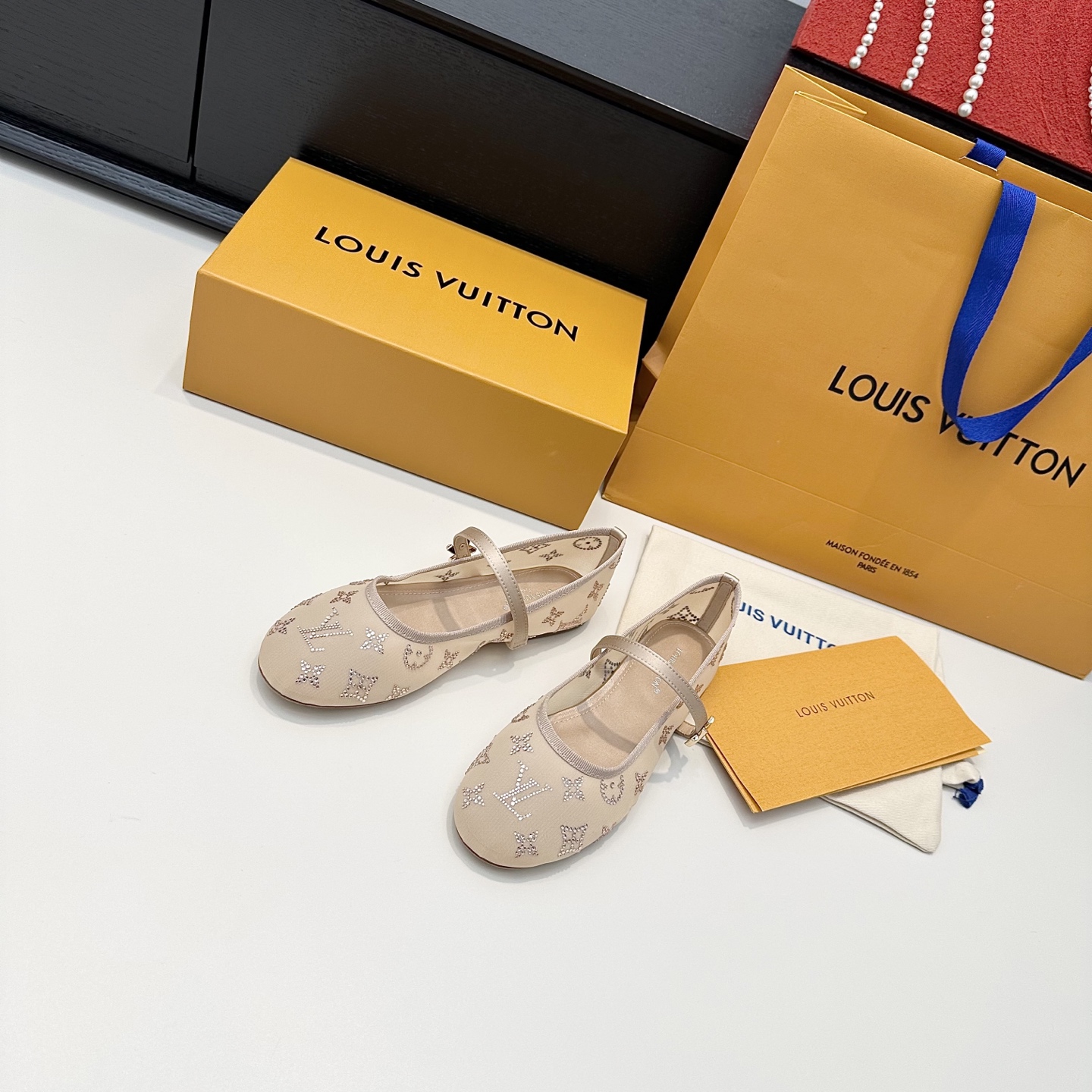 LV Beige Rhinestone Monogram Mary Jane Flats