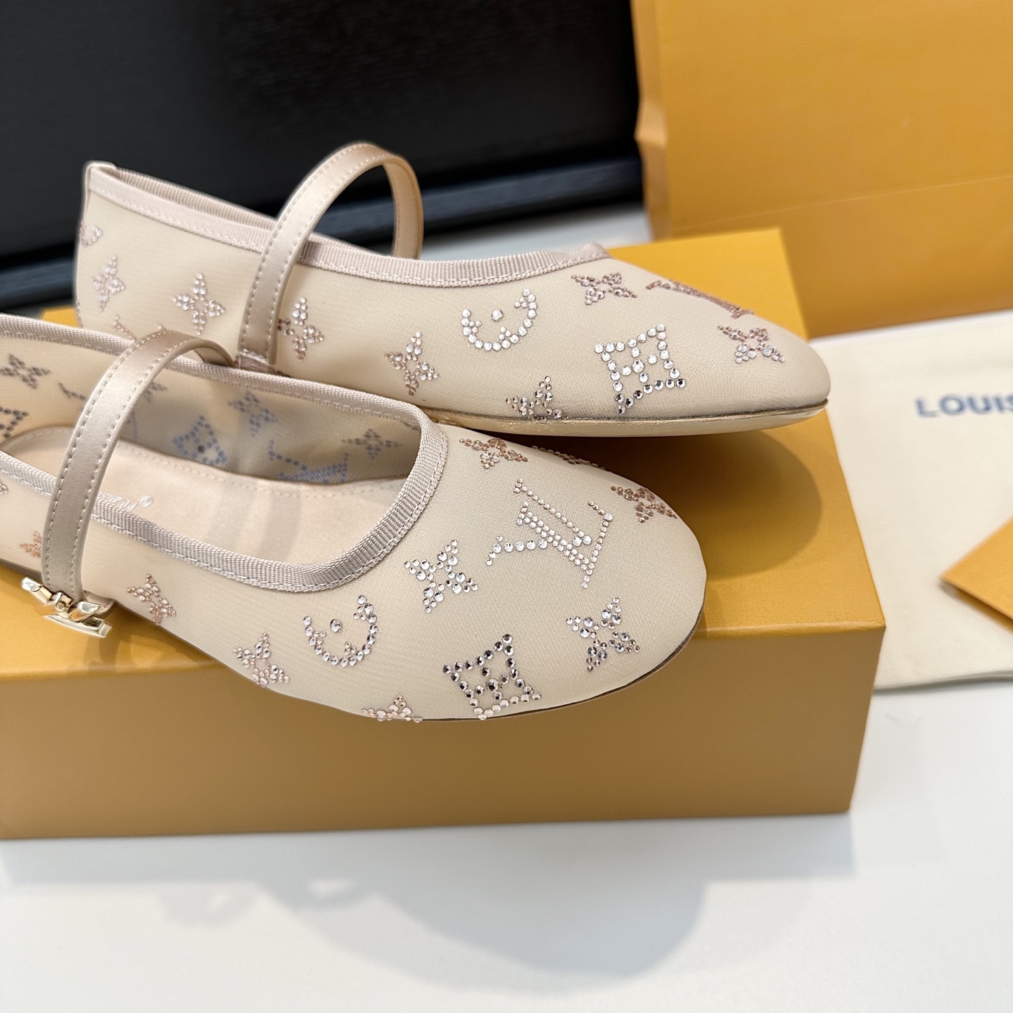 LV Beige Rhinestone Monogram Mary Jane Flats