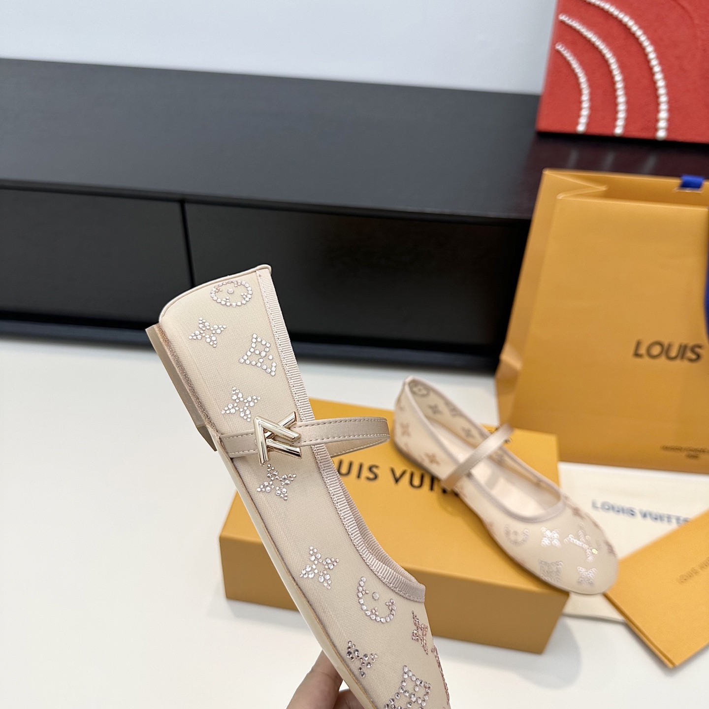 LV Beige Rhinestone Monogram Mary Jane Flats