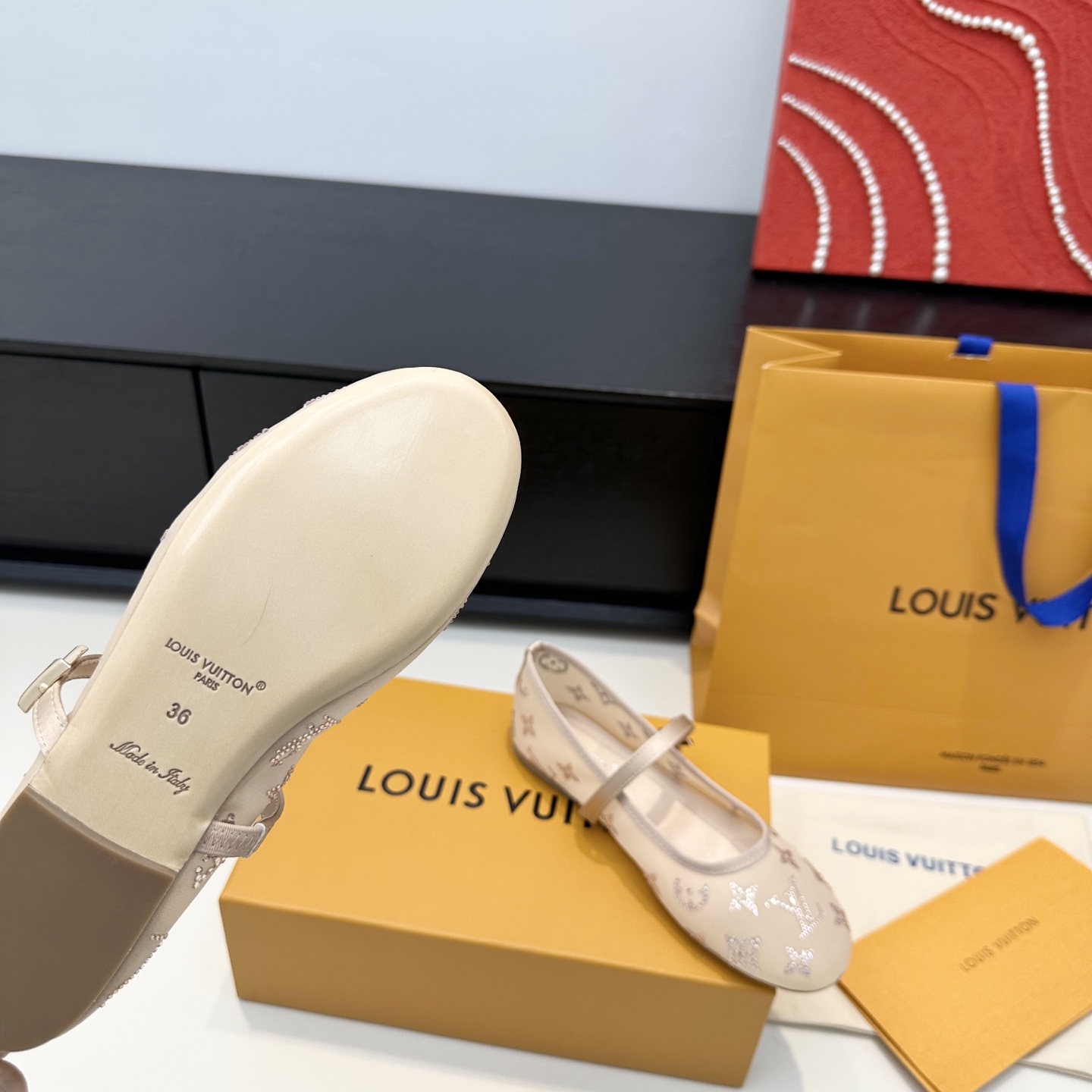 LV Beige Rhinestone Monogram Mary Jane Flats